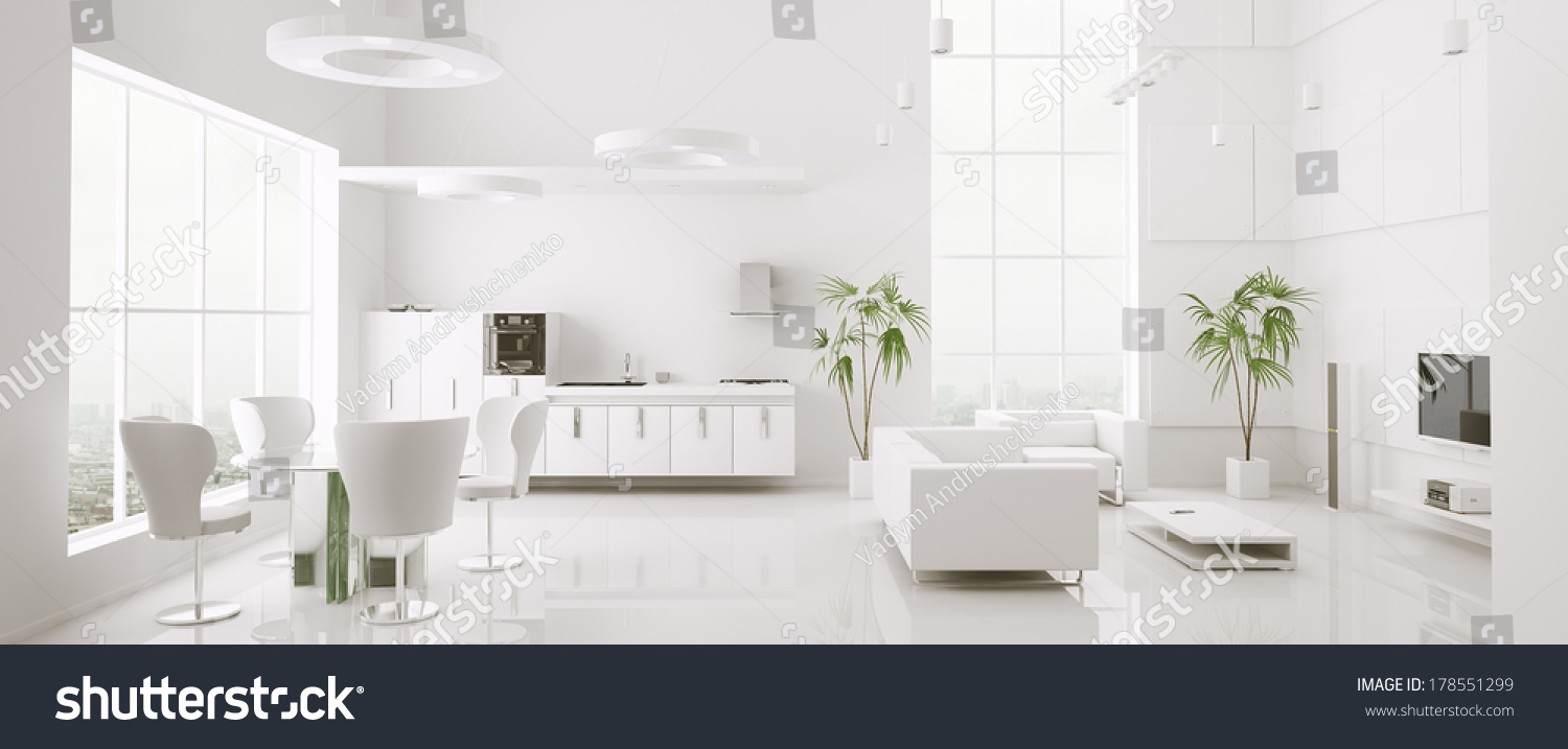 Interior of modern white apartment living room kitchen 3d render