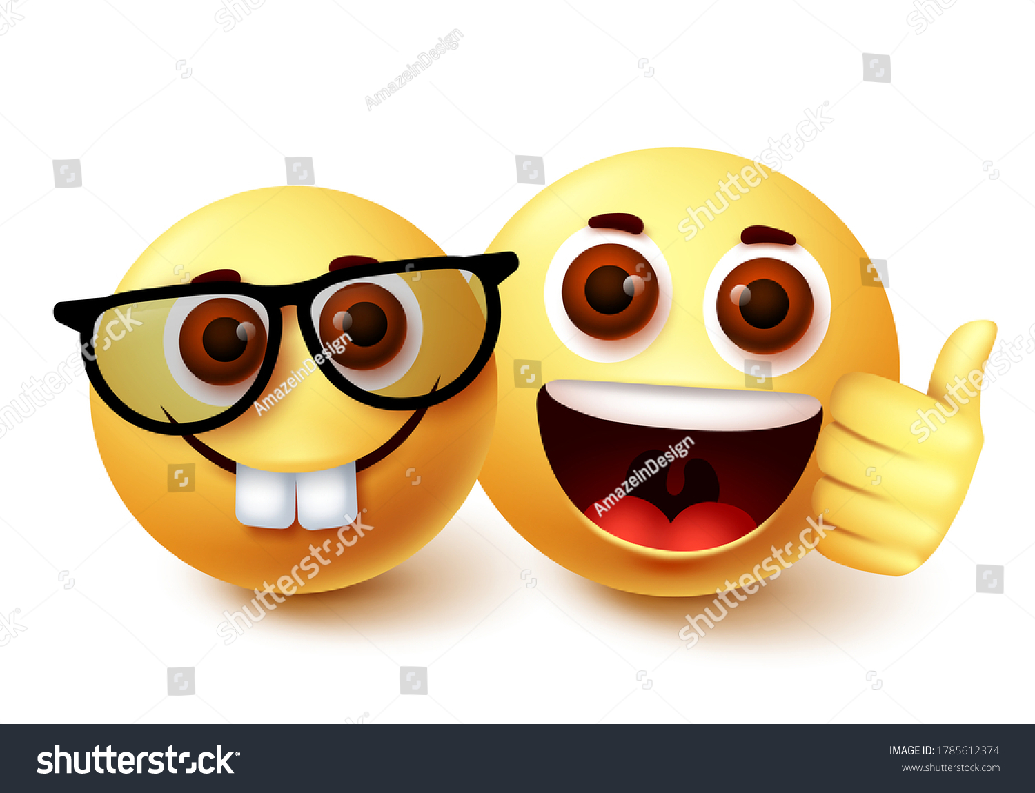 Emoji of nerd friend vector character design.  Clever weird emoji with presence of friend with happy facial expressions and thumbs up hand gesture. Vector illustration.
