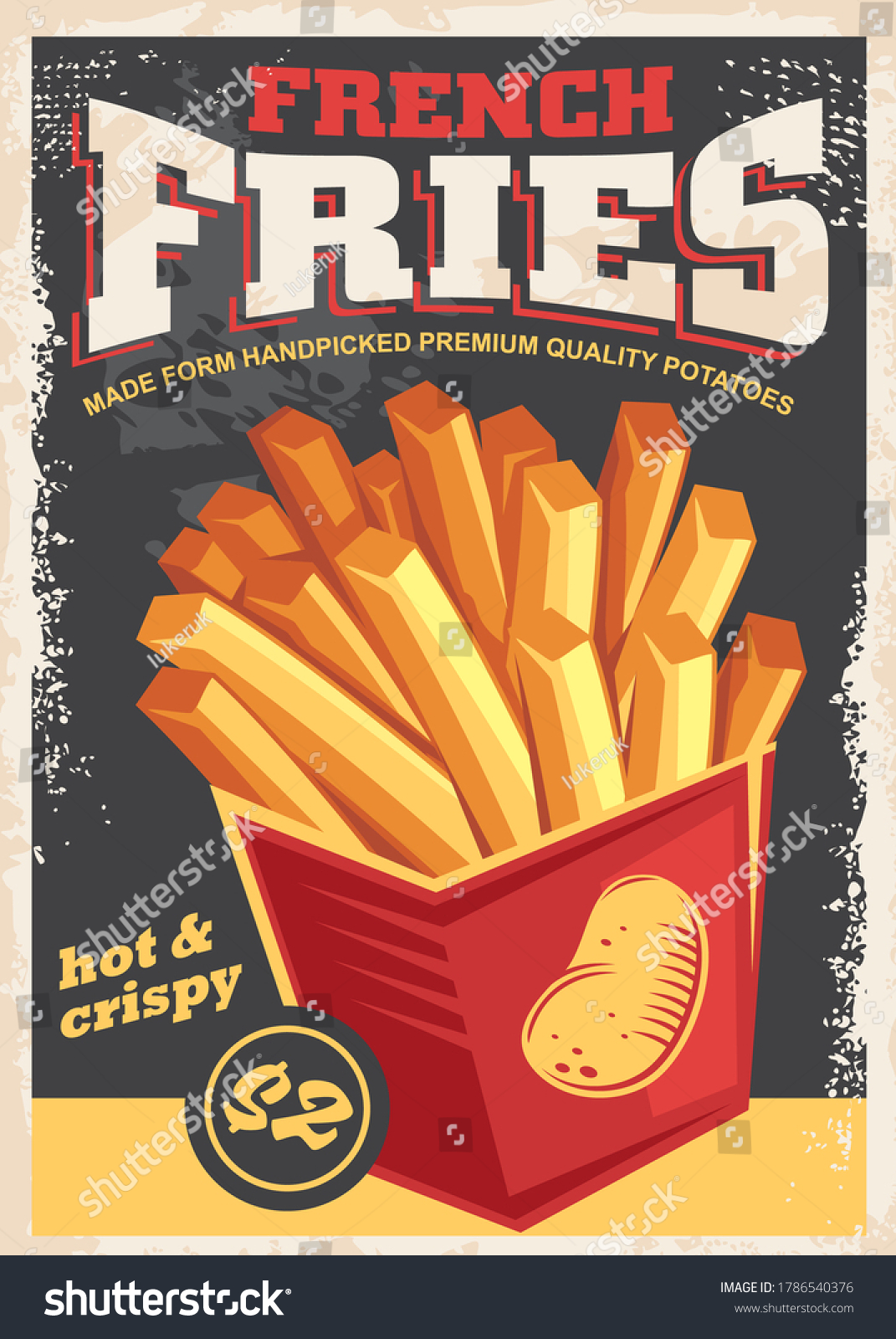 French fries antique poster with hot crispy potatoes on old paper texture. Fast food promotional  retro advertisement. Vector vintage style illustration. Restaurant menu on dark black board background