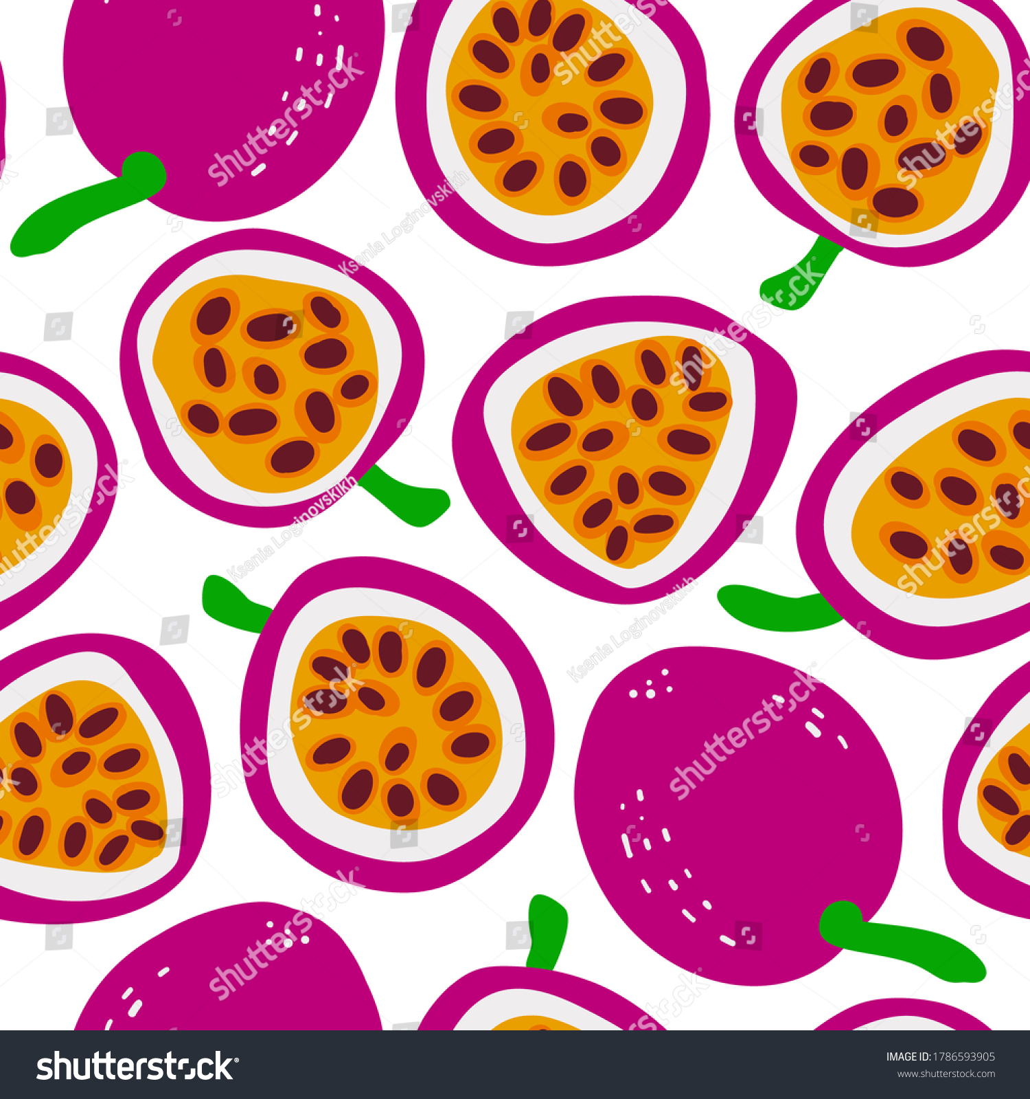 Passion fruit Exotic fruit pattern. Vector seamless background made in funny doodle style. Clipart food elements. Hand painted elements.
