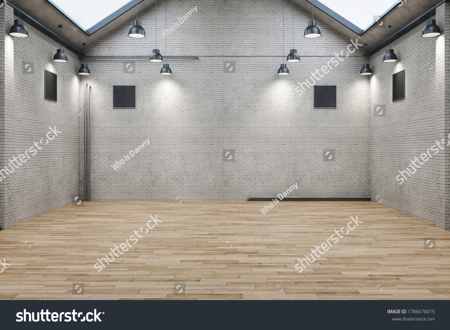 Contemporary brick warehouse interior with wooden floor. Design and style concept. Mock up 3D Rendering