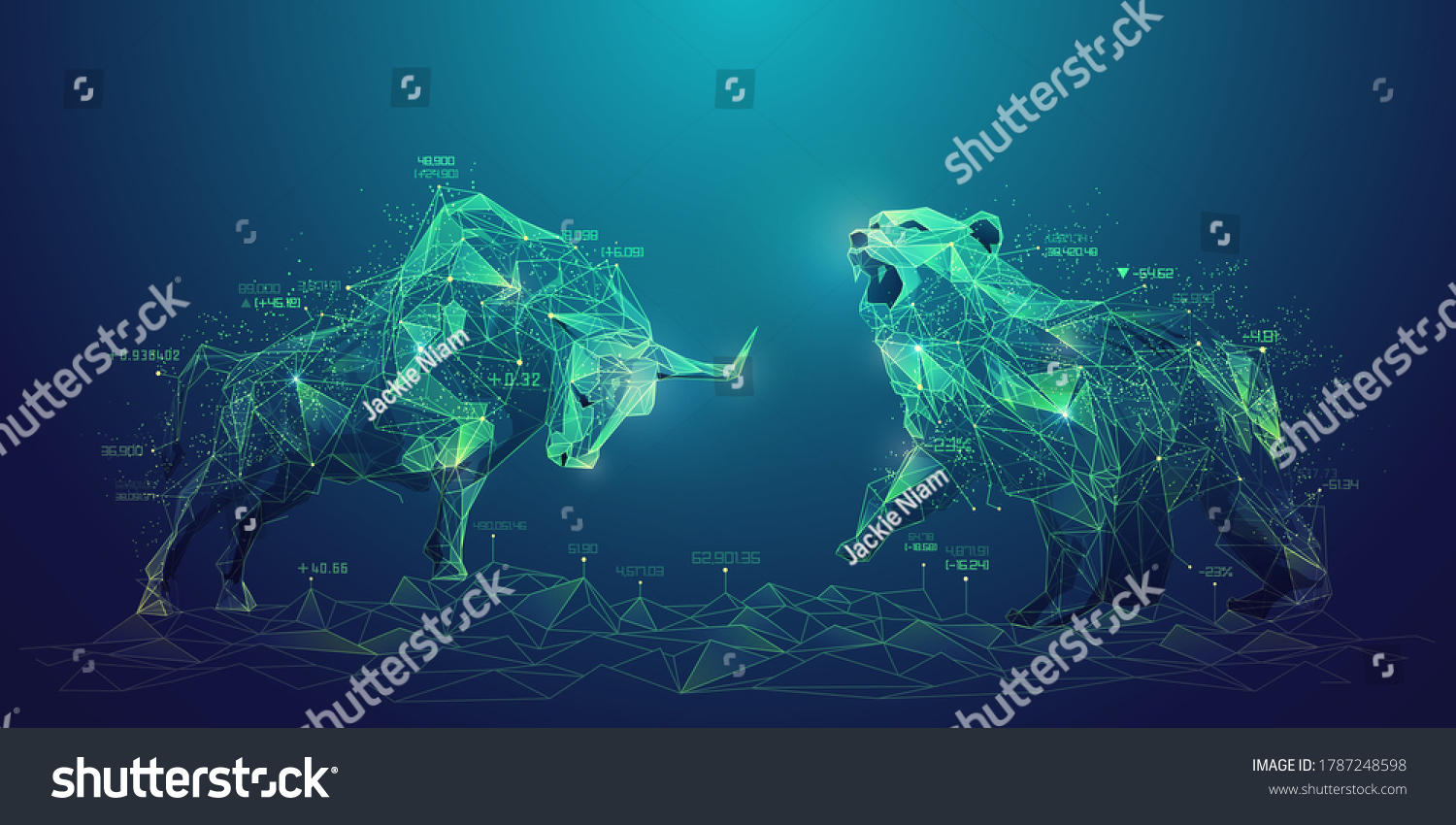concept of stock market exchange or financial technology  polygon bull and bear with futuristic element