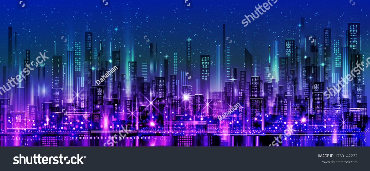 Urban vector cityscape at night. Skyline city silhouettes. City background with architecture  skyscrapers  megapolis  buildings  downtown.