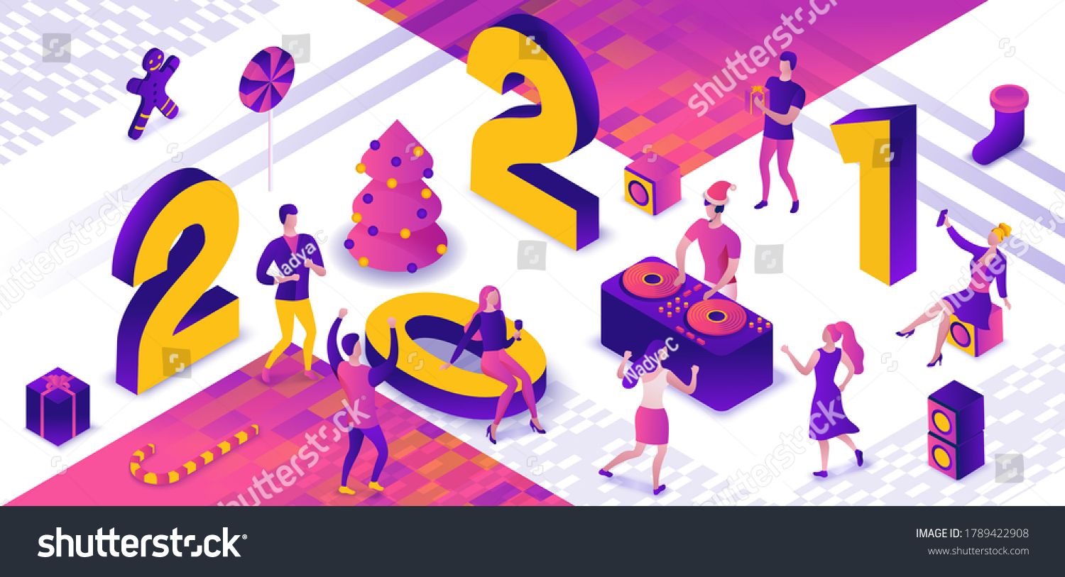 Isometric illustration of 2021 new year dance party  dj playing disco at night event  holiday banner  gift icon  happy people enjoy music  3d vector purple background