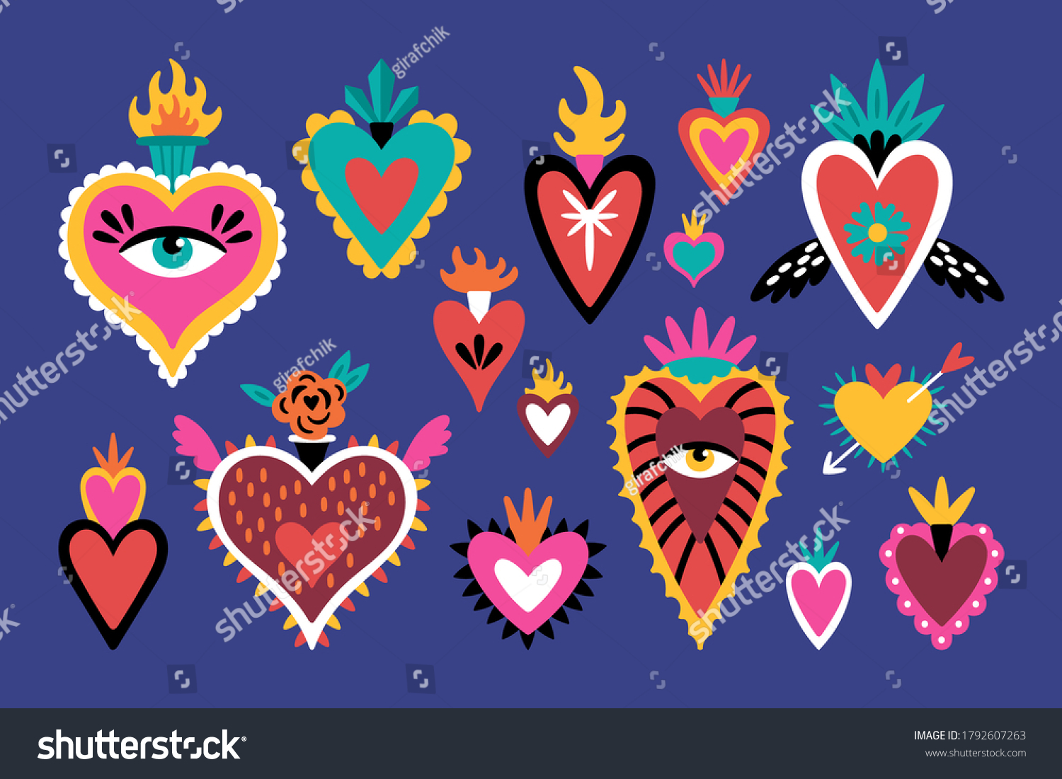 Cute set of mexican sacred hearts for Day of the dead Dia de los Muertos holiday. Childish print for cards  stickers  patches and apparel. Vector illustration