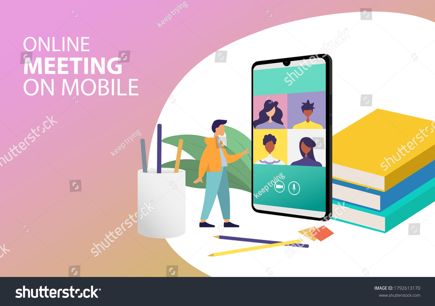Digital Meeting Teleconference Online internet on phone  mobile website background. social distance concept. decor by book pencil vector Illustration.
