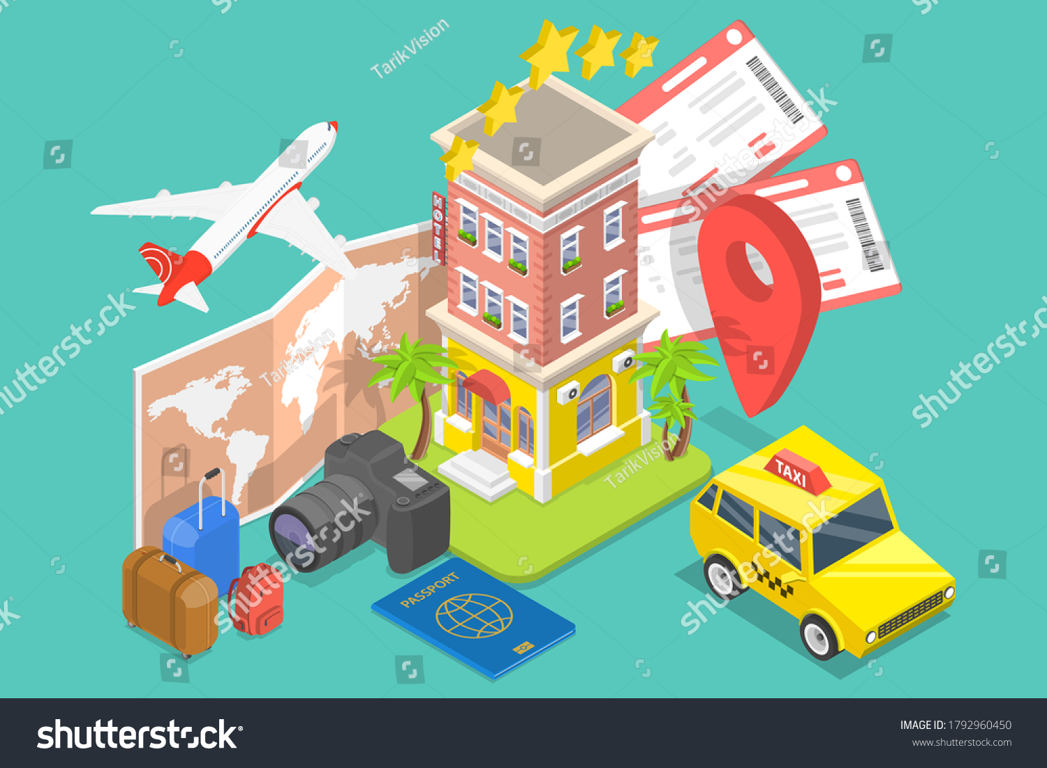 3D Isometric Flat Vector Conceptual Illustration of Hotel and Flight Tickets Reservation  Trip Booking Service.