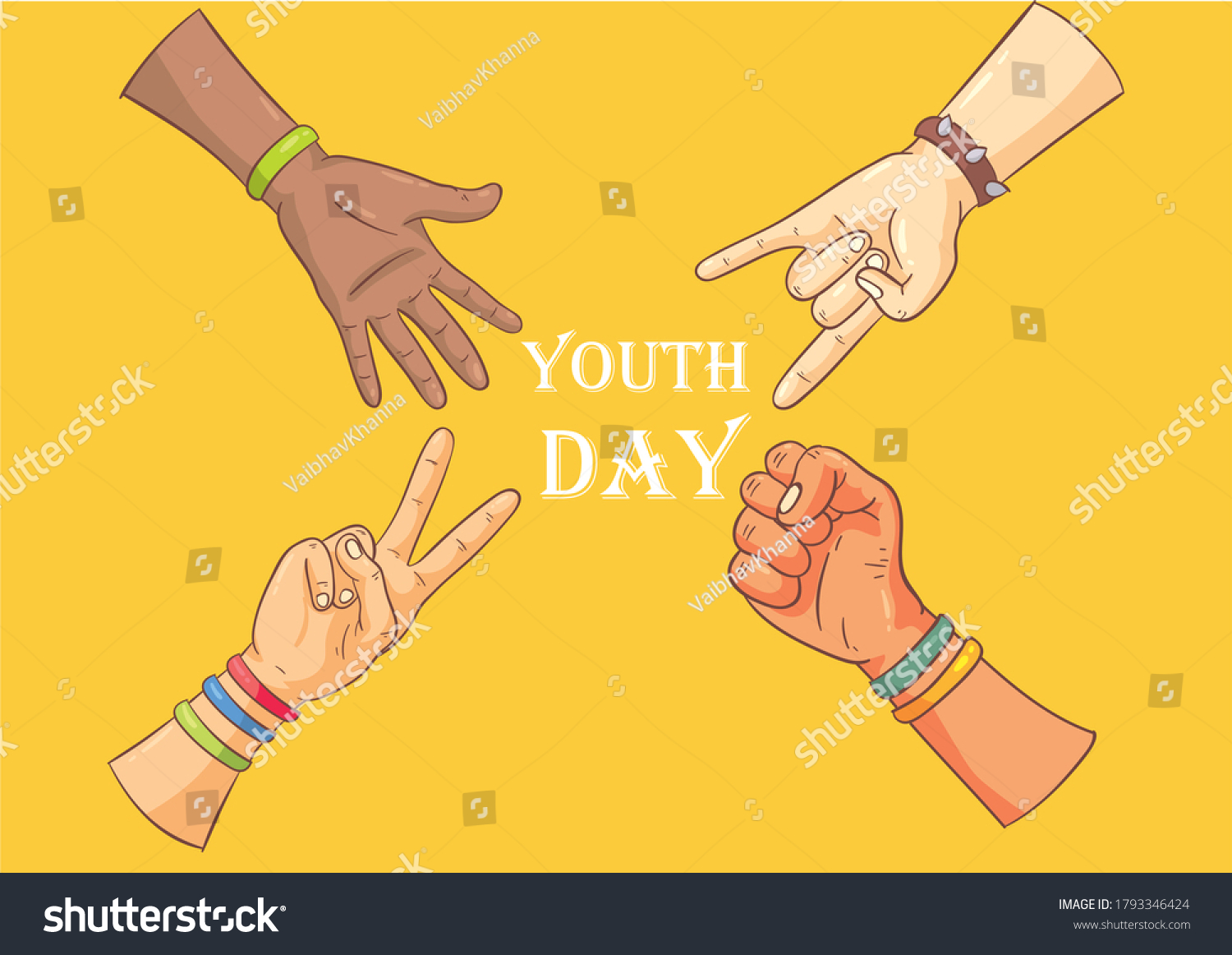 youth day theme 12 august. yellow background with hands of men and in center written youth day.