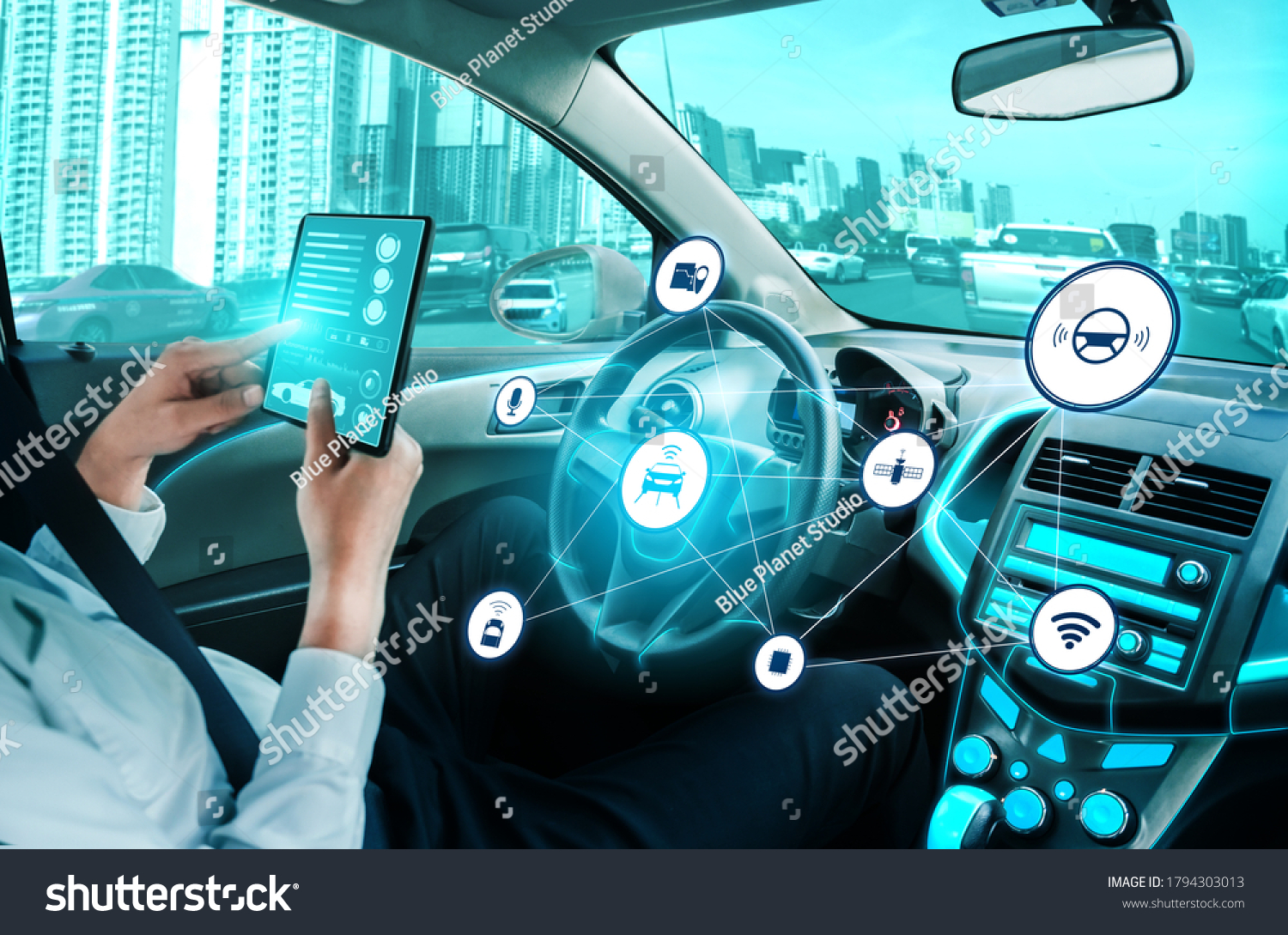 Driverless car interior with futuristic dashboard for autonomous control system . Inside view of cockpit HUD technology using AI artificial intelligence sensor to drive car without people driver .