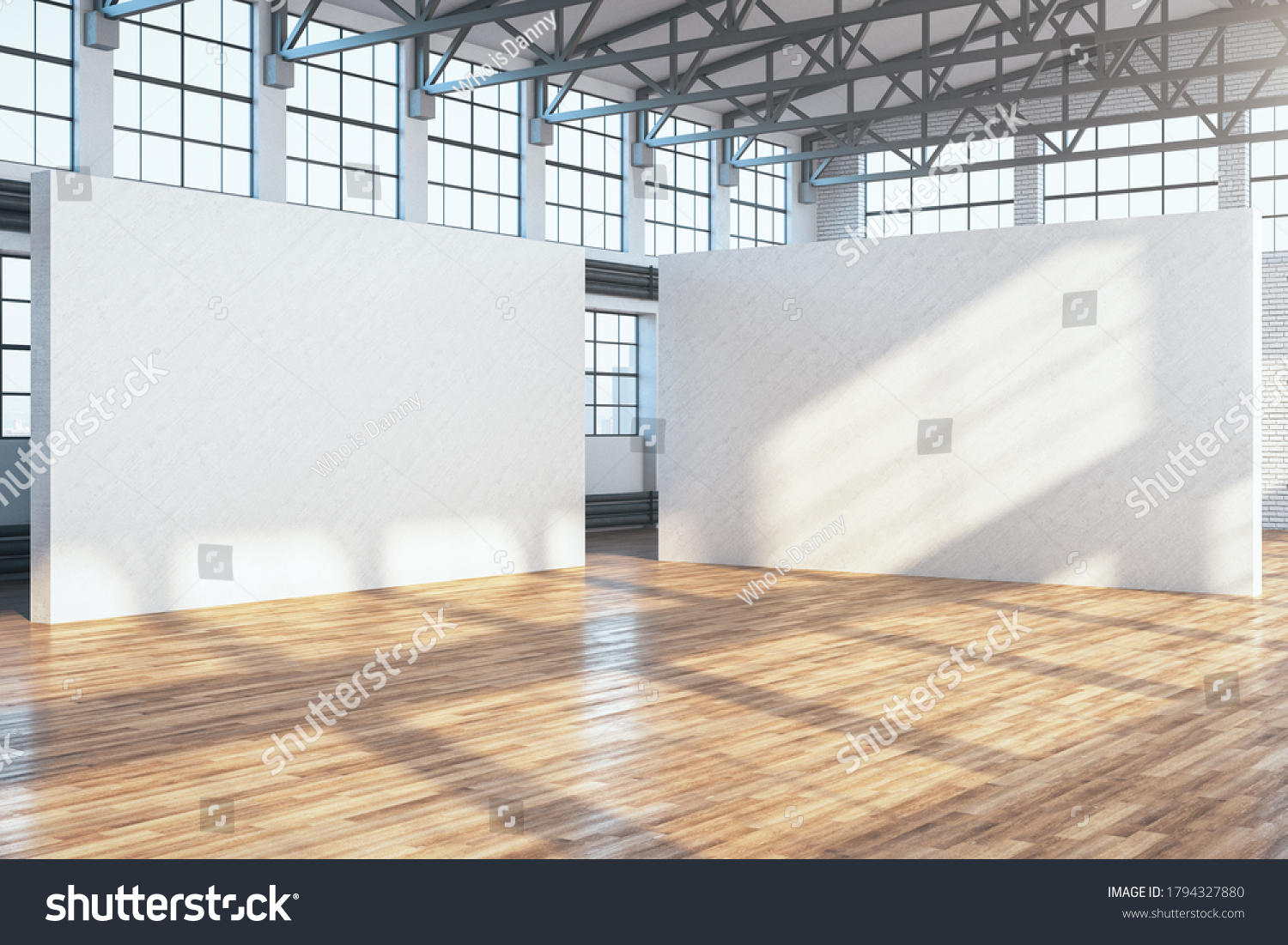 Minimalistic exhibition interior with two empty exhibition stands and wooden floor. Presentation concept. Mock up. 3D Rendering
