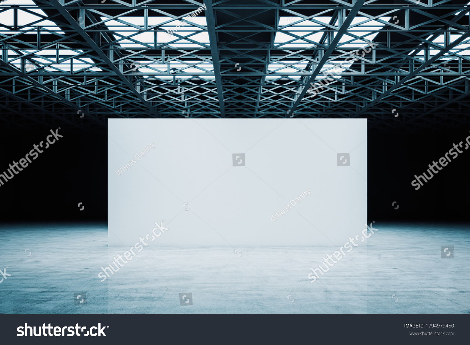 Contemporary showroom with metal structure on ceiling and blank white exhibition stand. Design and style concept. Mock up 3D Rendering