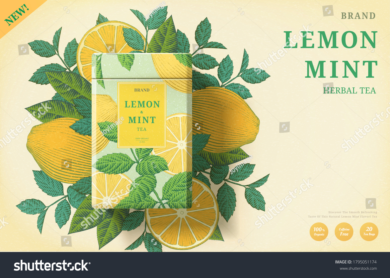Lemon mint tea ads with engraving ingredients background on beige background  3d illustration yellow and mint color packaging