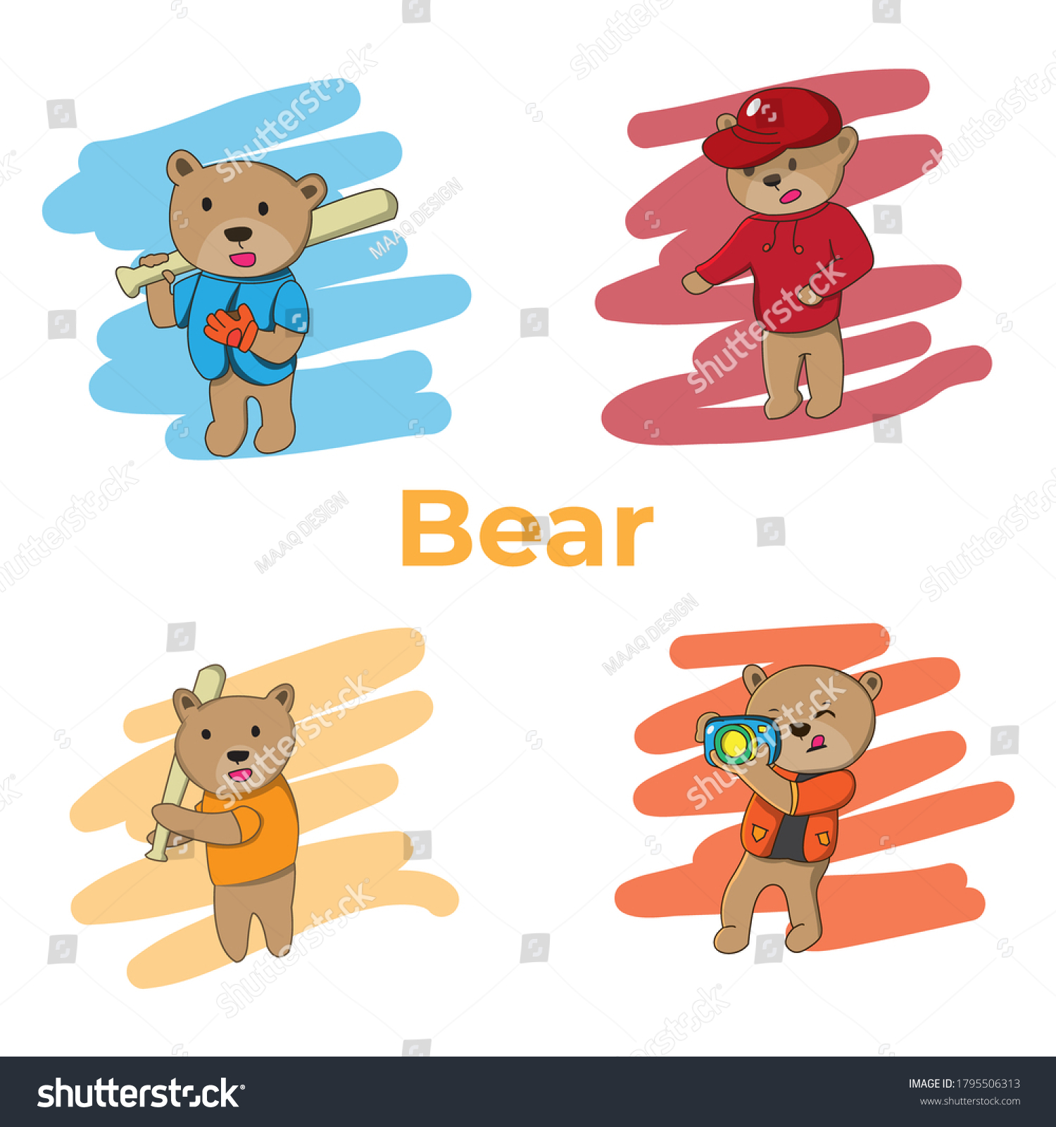 bear cartoon baseball  uniform  bear coach  little bear learning baseball and bear cameraman character illustration set