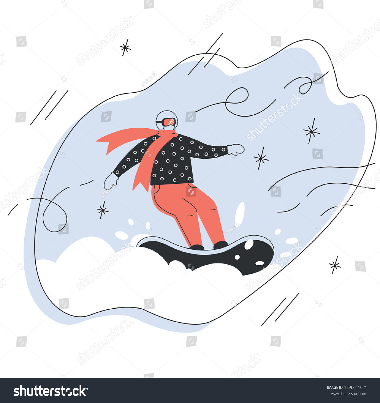 Snowboarding. Flat vector illustration of snowboarder in trendy flat style