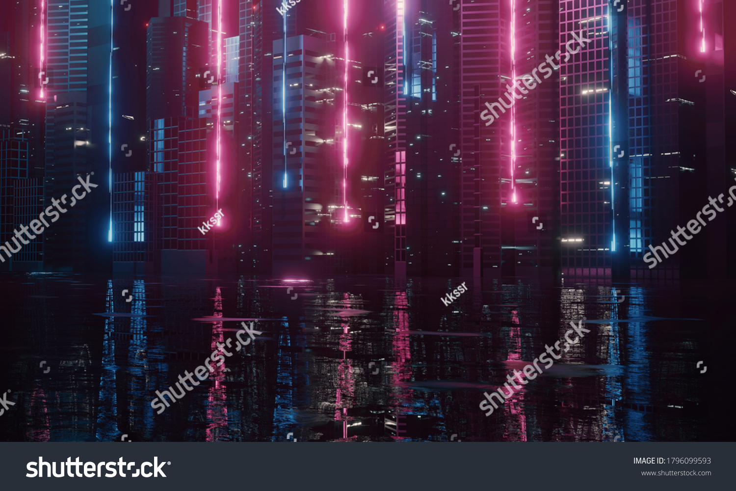 3D抽象霓虹灯城市的渲染 从街上的水坑里进行了光反射。夜生活的概念 Never Sleep Business District Center（CBD）网络朋克主题。