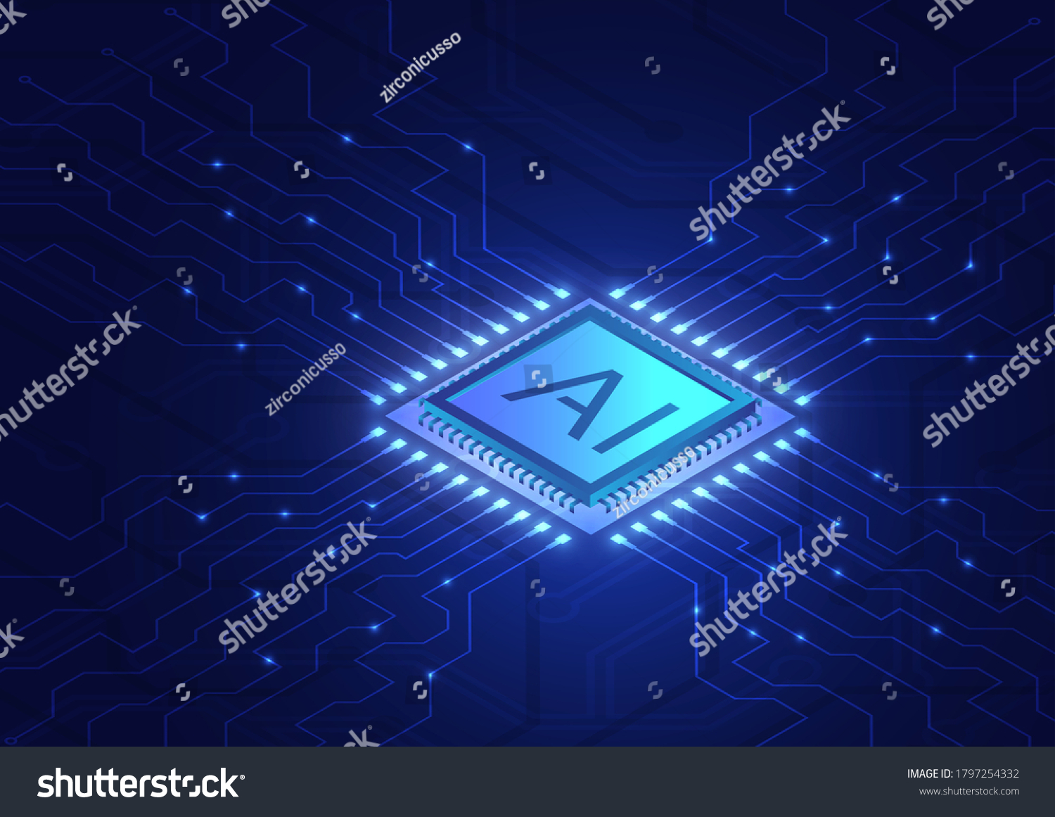 Isometric artificial intelligence  ai analysis with processor chip