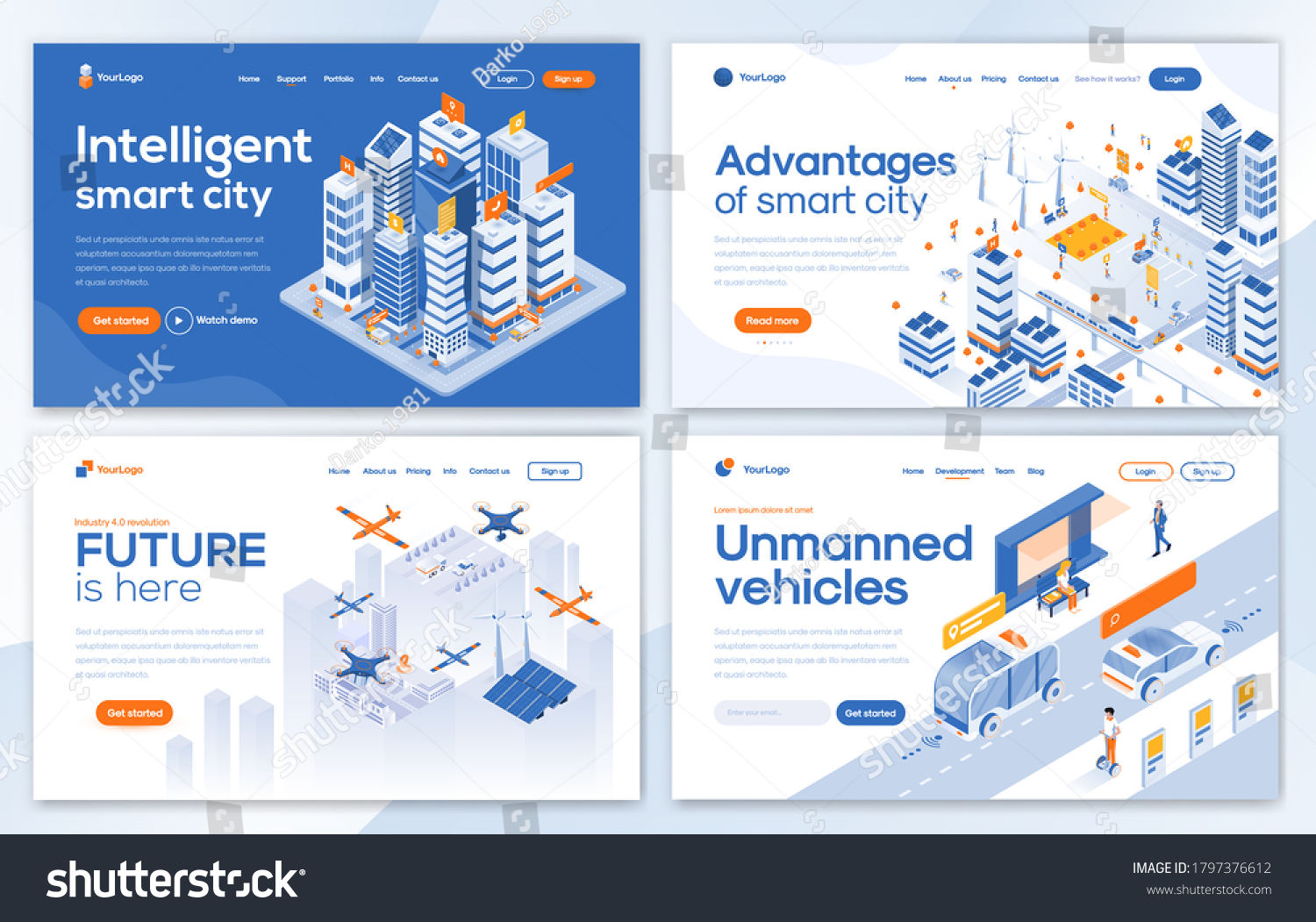 Set of Landing page design templates for Intelligent smart city  Advantages of smart city  Future is here and Unmanned vehicles. Easy to edit and customize. Modern Vector illustration concepts