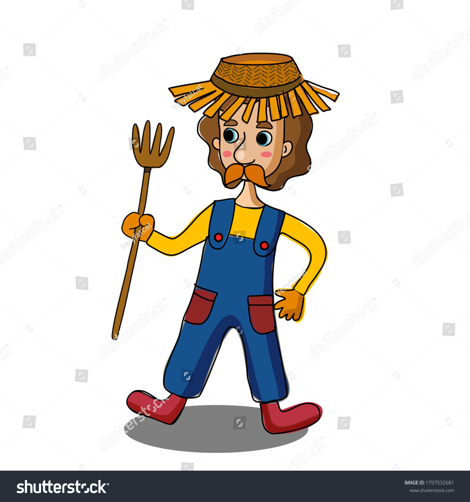 farmermanwithstrawhathanddrawncartoonvector