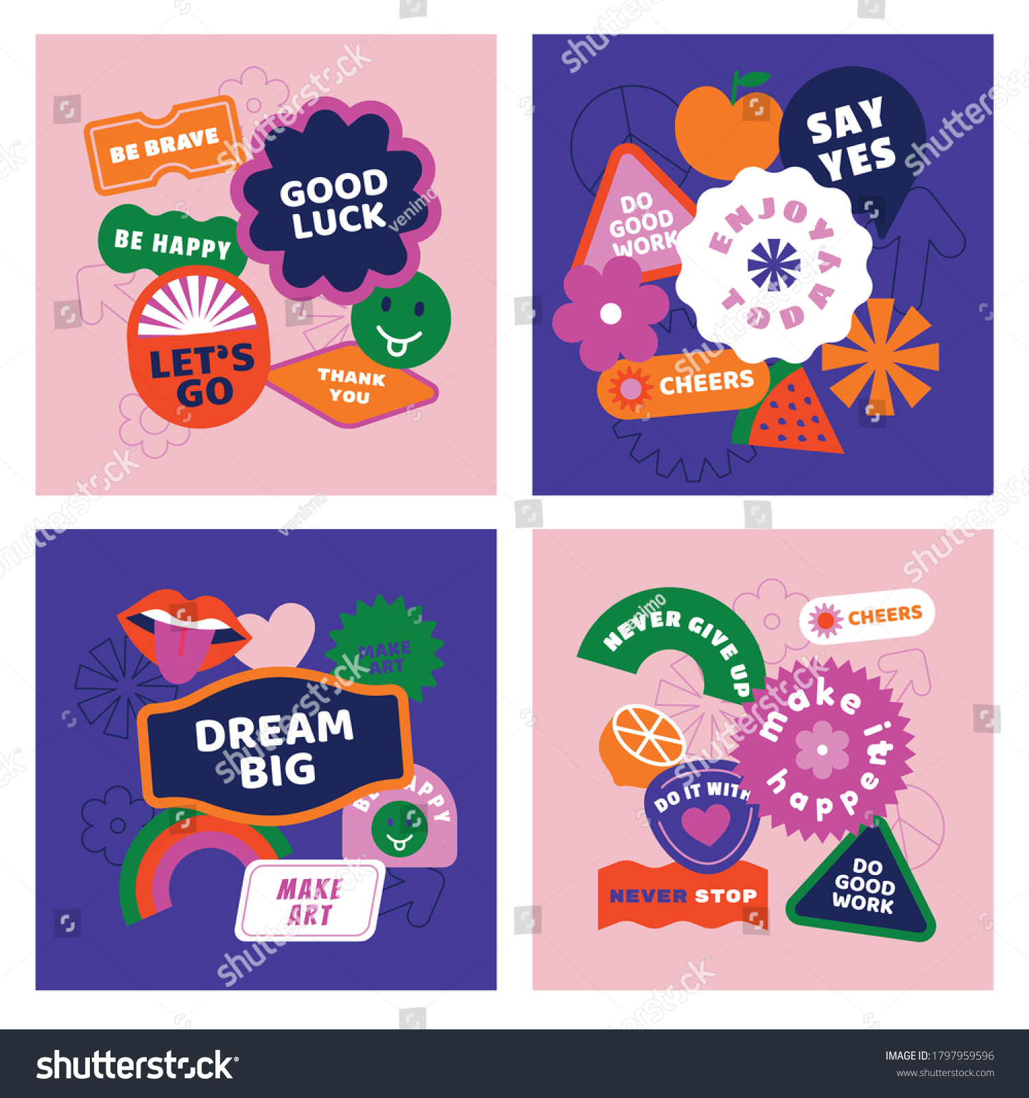 Vector set of design elements  patches and stickers with inspirational phrases - abstract elements for branding  packaging  prints and social media posts
