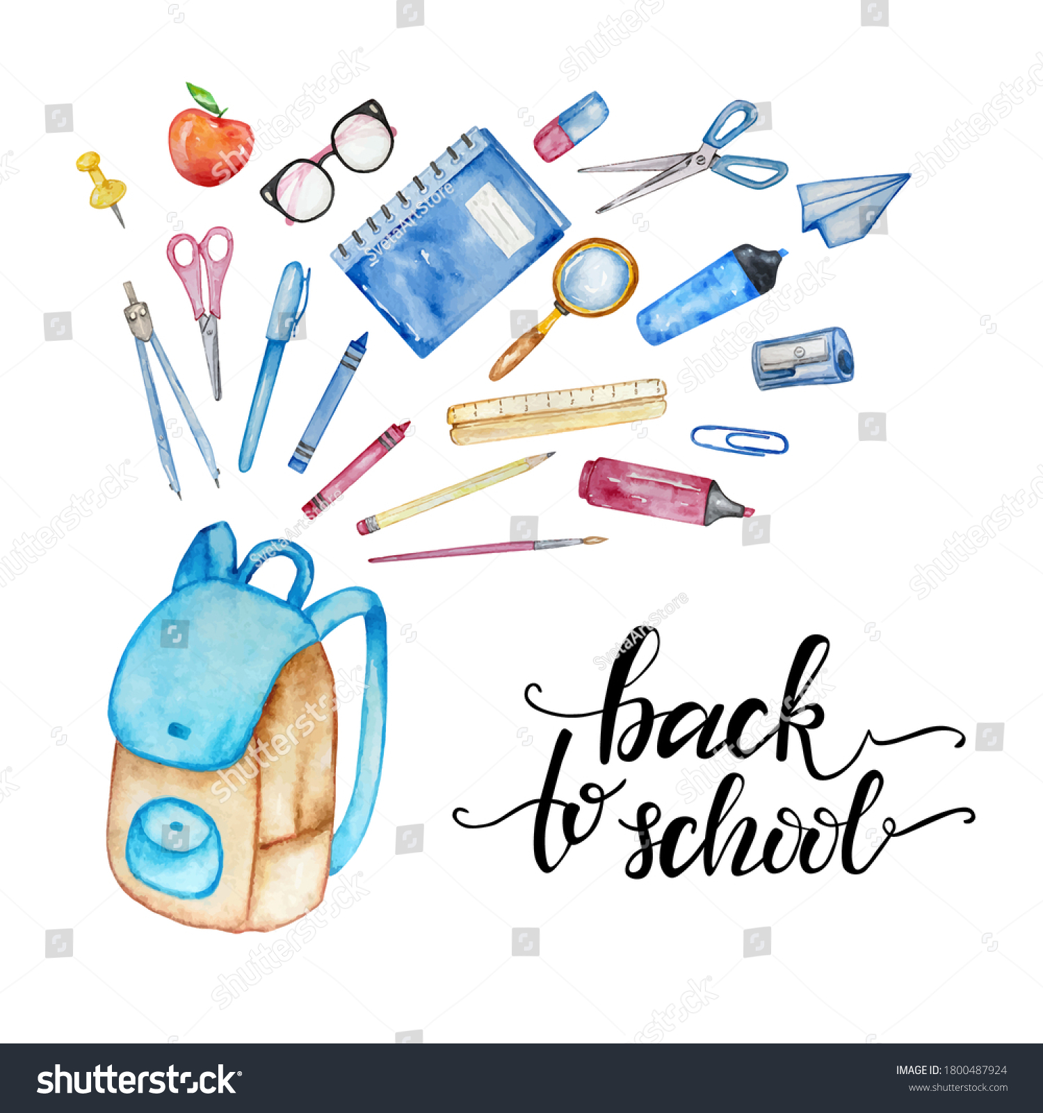illustration school backpack school items and stationery with back to school lettering
