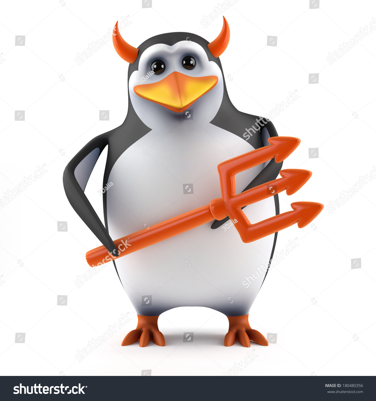 3d render of a penguin with horns and a trident