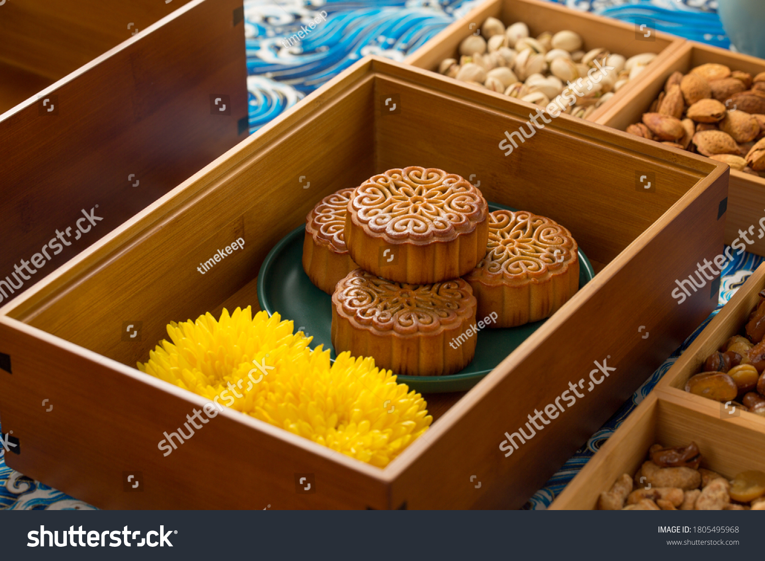Inside the box are chrysanthemum and moon cakes