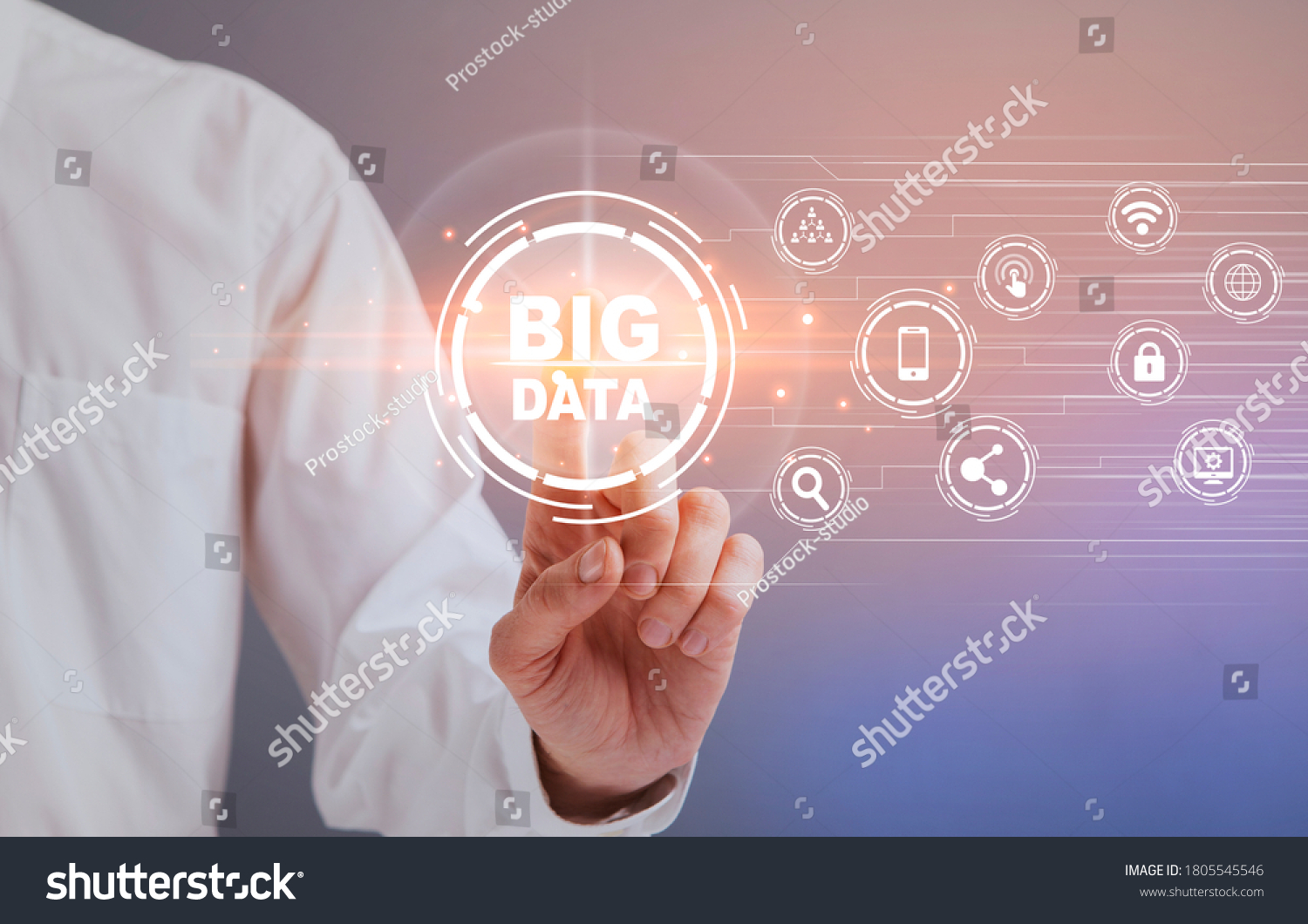 Businessman selecting and pressing Big Data virtual icon button on digital screen creative collage