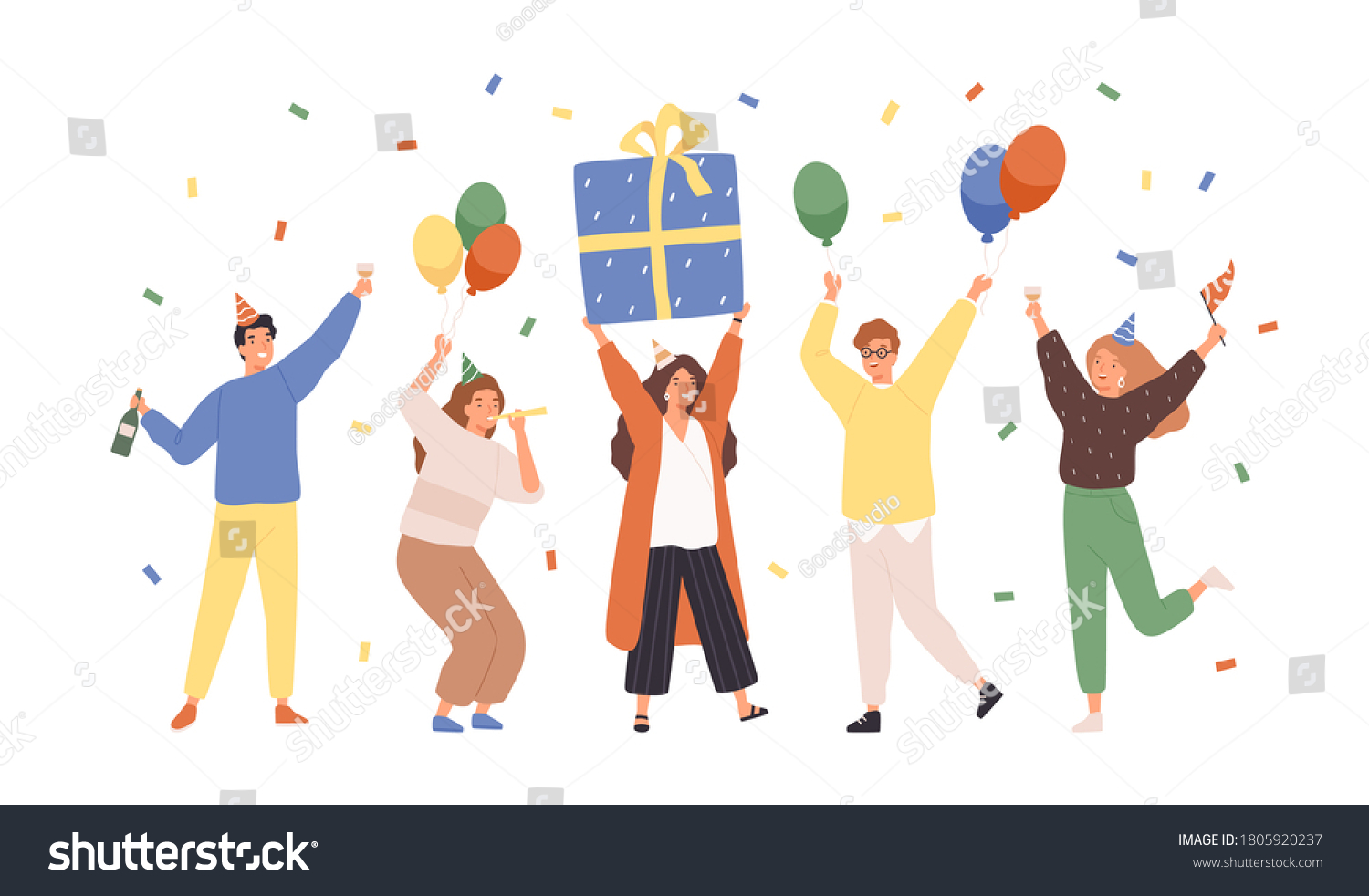Group of happy people raising hands celebrating holiday with colorful confetti vector flat illustration. Woman hold gift box having fun with friends isolated. Person with balloons and champagne