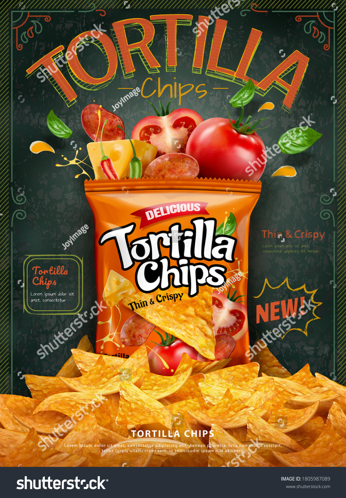 Tortilla corn chips ad with a pile of chips on blackboard background  classic retro design in 3d illustration