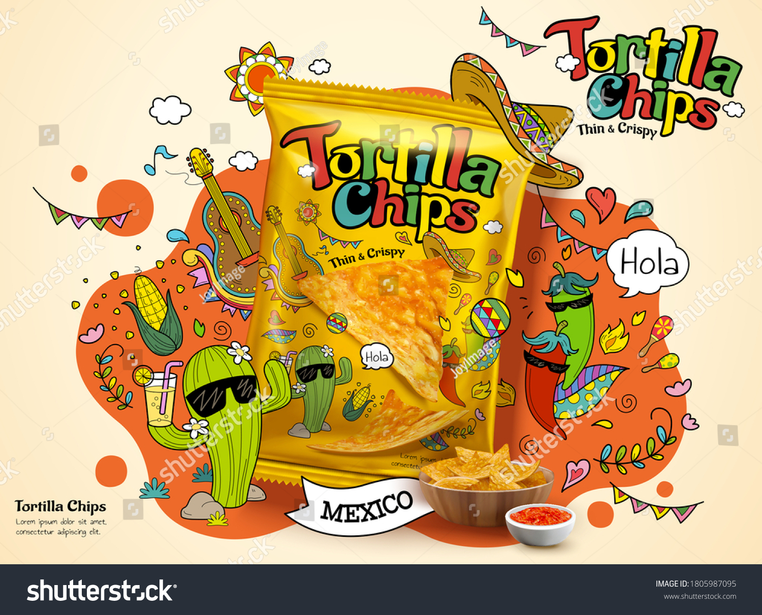 Tortilla corn chip bag in 3d illustration  ad design with cute cartoon cactus and chili illustrations on the background