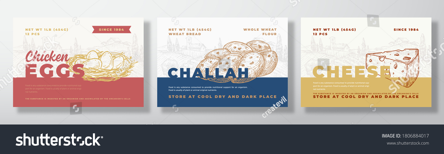Bread  Chicken Eggs and Cheese Dairy Food Label Templates Set. Abstract Vector Packaging Design Layouts Bundle. Modern Typography Banners with Hand Drawn Rural Landscape Background. Isolated.
