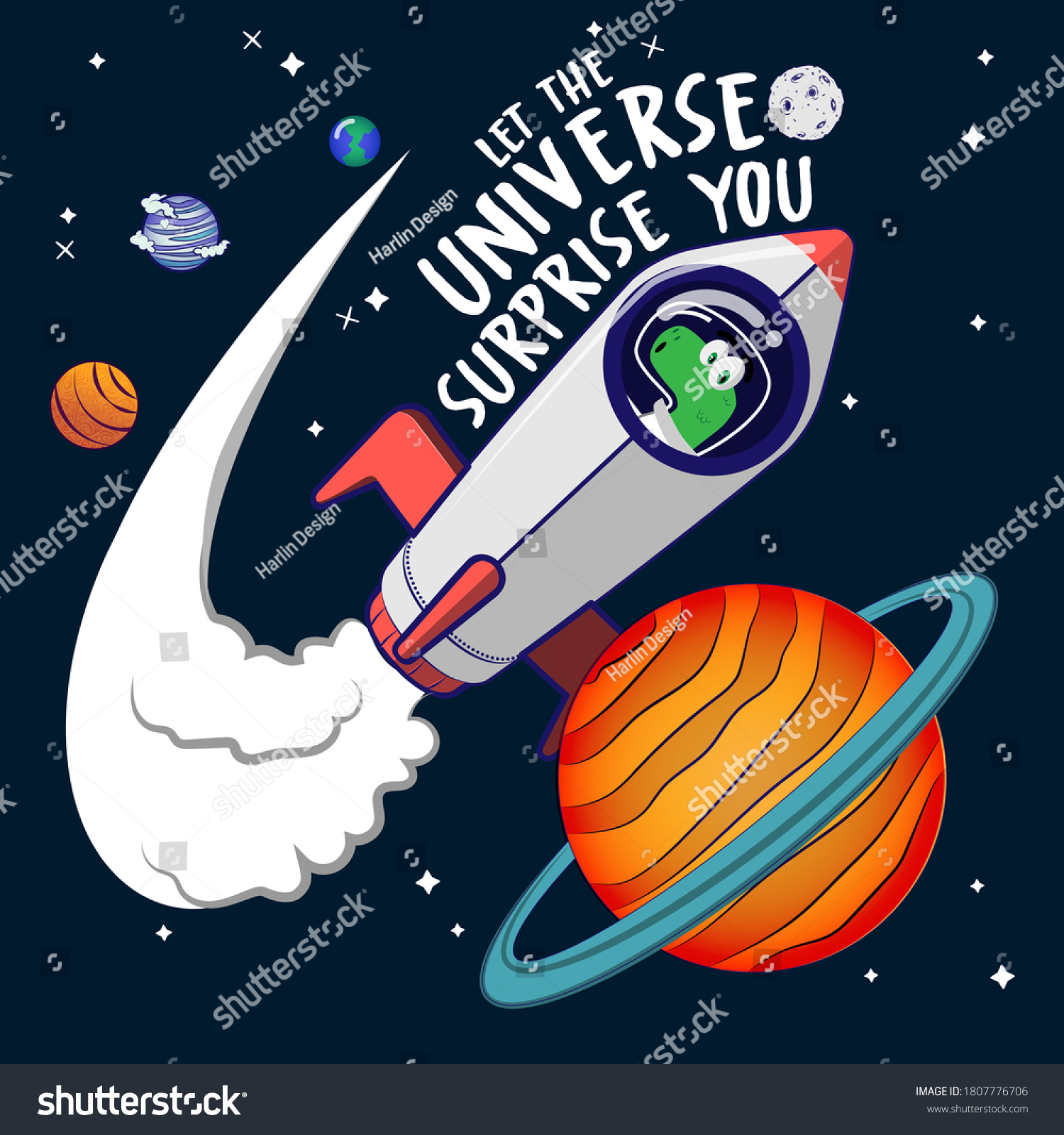 let the universe surprise you. dinosaur travels the universe in his spaceship