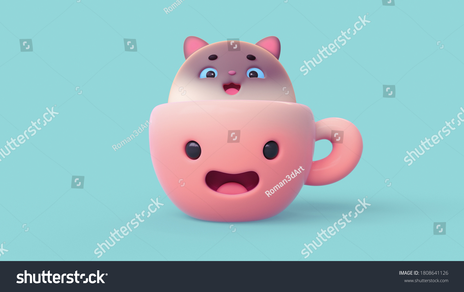 3d illustration of kawaii cacao cup with a cute marshmallow cat on blue background. Funny red cup with smiling face. Cartoon fluffy fat siamese kitten with an open mouth peeking out of a mug of tea.