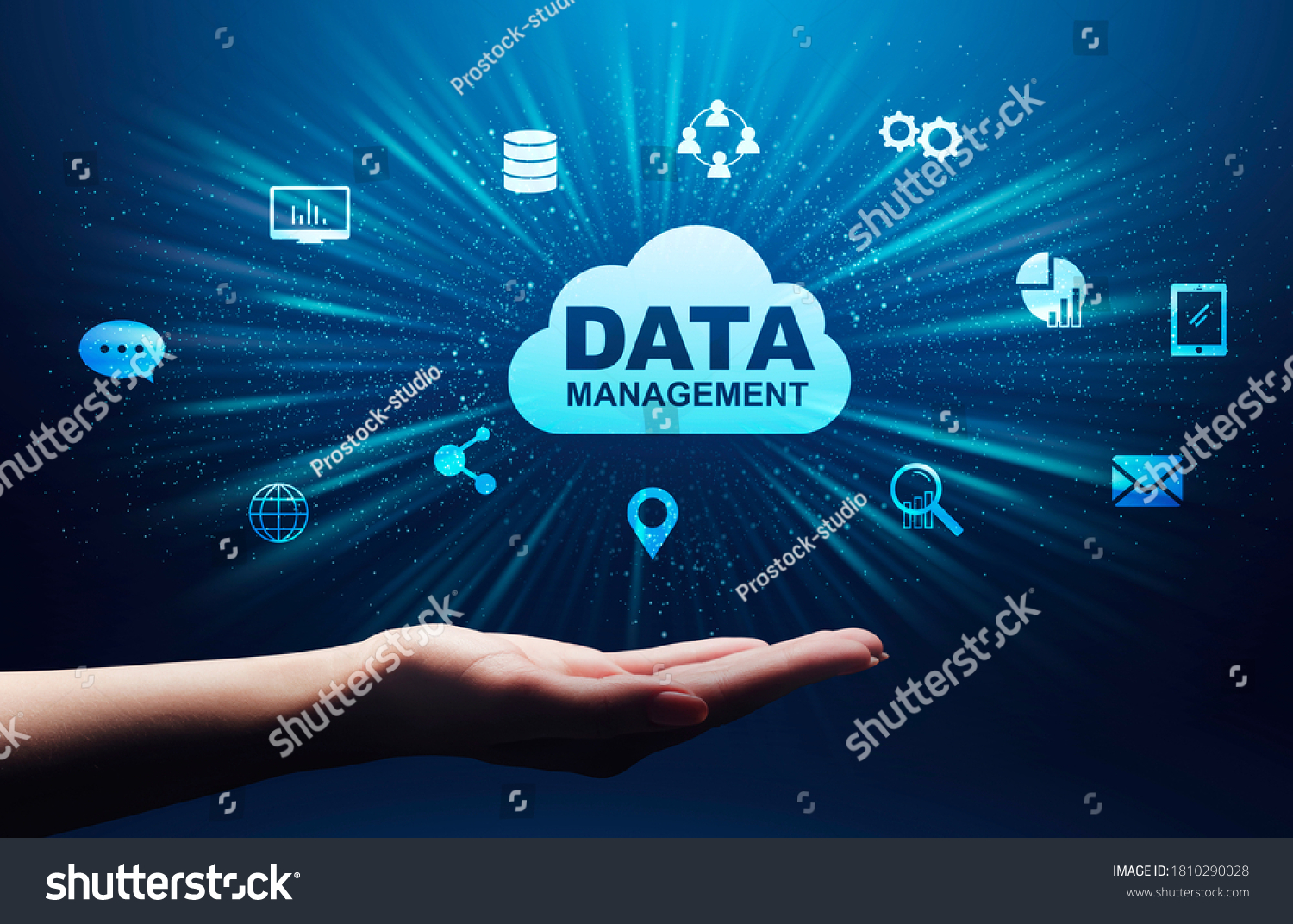 Female Hand Holding Storage Cloud With Data Management Text And Multimedia Icons Creative Collage