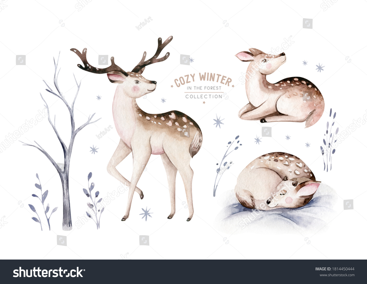 Watercolor deer with fawn  rabbits  birds isolated on white background. Wild forest animals set. Hand painted winter illustration