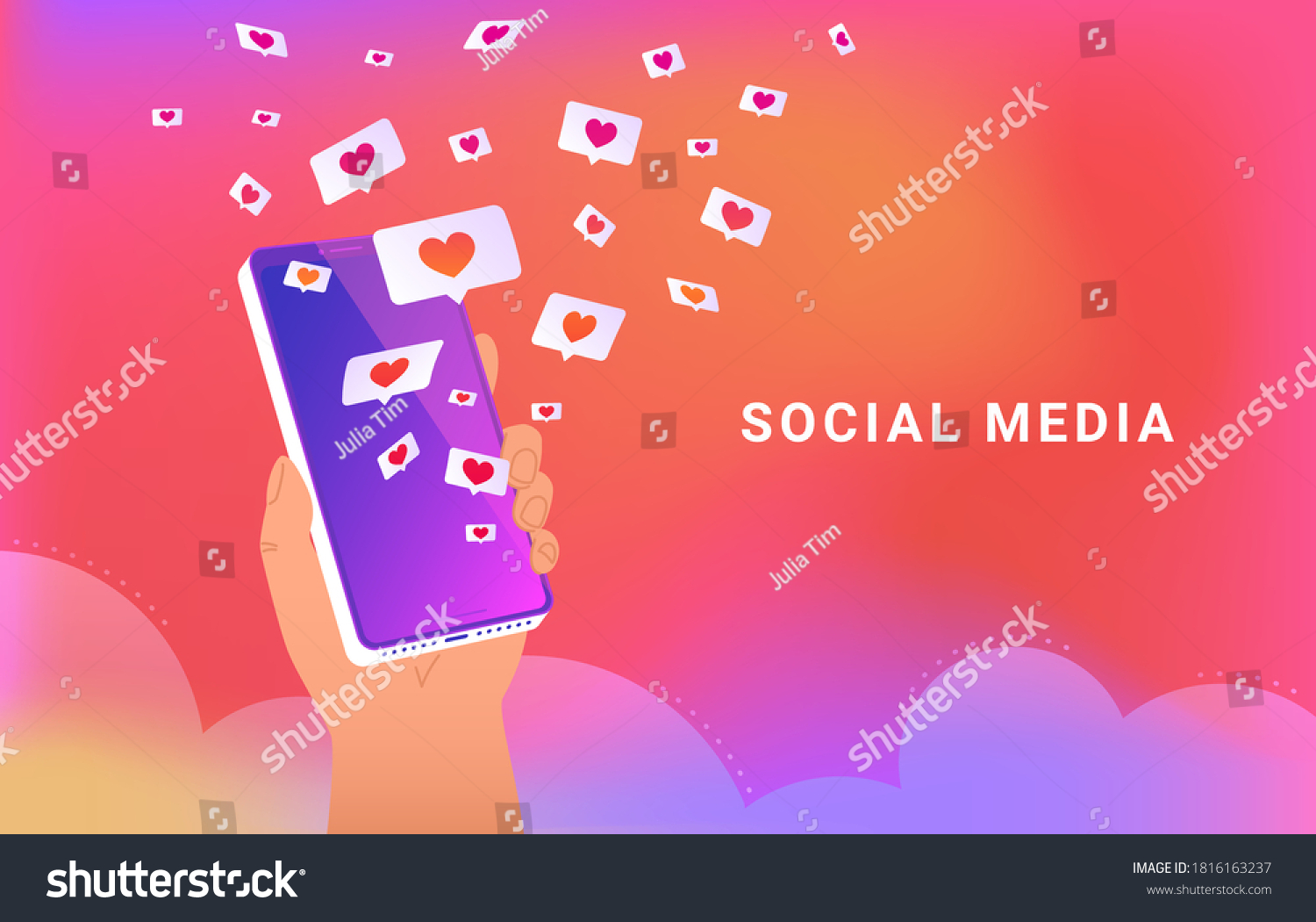 Social media app with speech bubbles and hearts. Human hand holds smartphone and loading many hearts of social media and dating app. Vector illustration of speech bubbles on bright gradient background