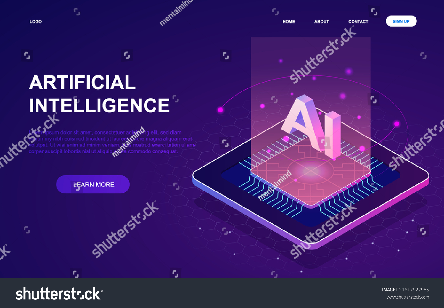 Artificial Intelligence web template for the simulation of human intelligence by computers and machines  colored vector illustration