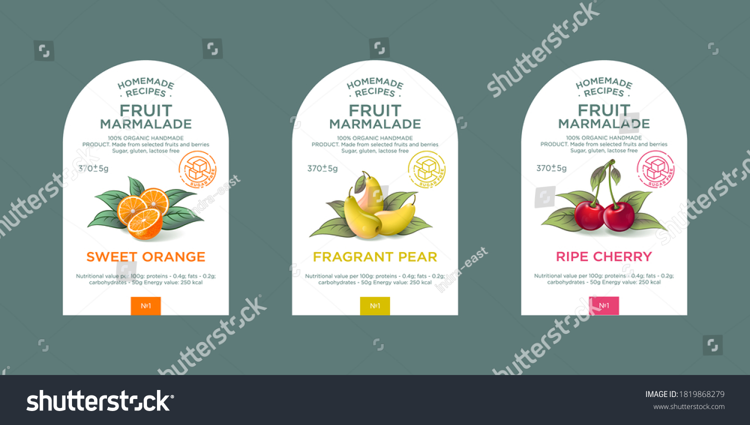 Set of 3 labels  packaging of fruit marmalade. Nature organic product. Text with realistic fruits and leaves on white base. 