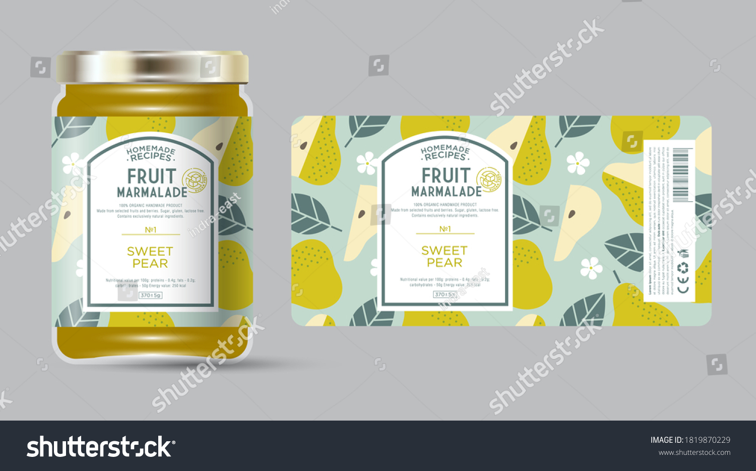 Label and packaging of pear marmalade. Jar with label. Text in frame with stamp (sugar free) on seamless pattern with fruits  flowers and leaves.
