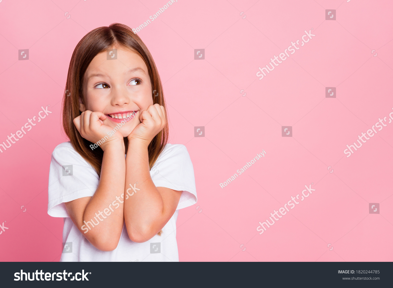 Close-up portrait of her she nice-looking attractive lovely sweet curious cheerful cheery smart clever girl creating new idea solution fantasize copy space isolated pink pastel color background