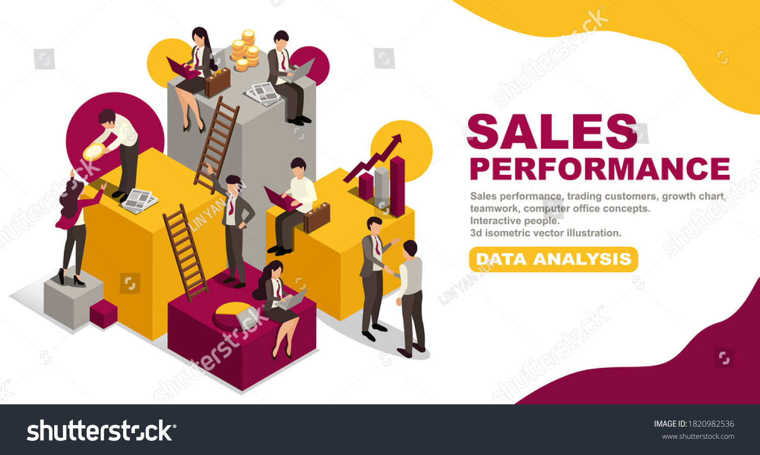 Sales performance  trading customers  growth chart  
teamwork  computer office concepts. 
Interactive people. 
3d isometric vector illustration.