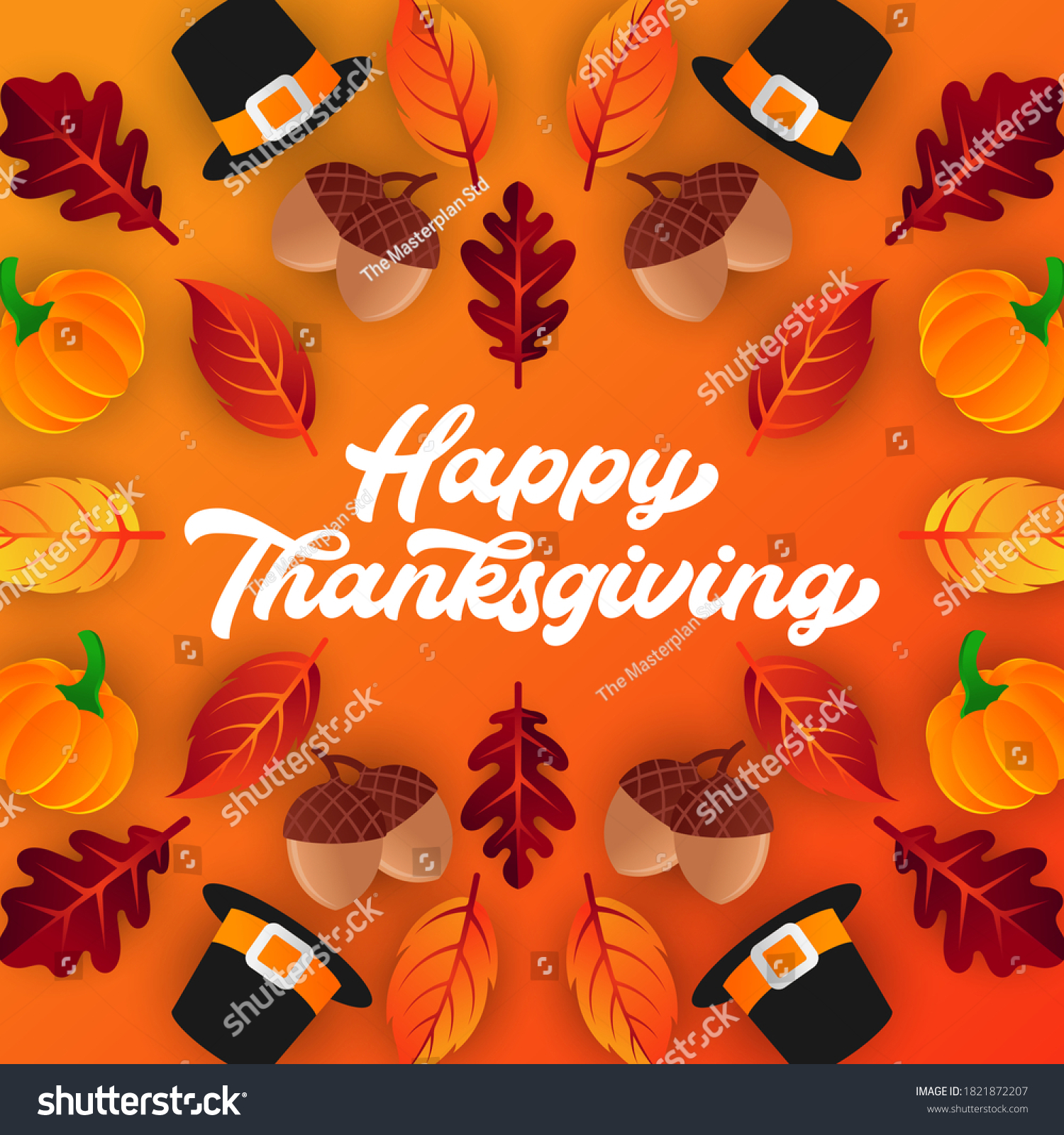 Happy Thanksgiving day background vector with decorative leaves  pumpkins  and acorns. Happy Thanksgiving holiday vector background design template for poster  banner  invitation and greeting card