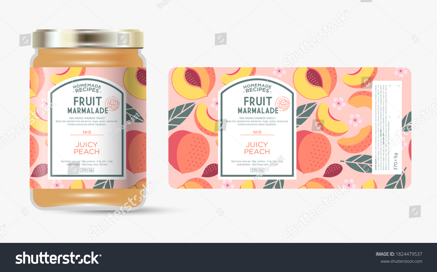 Label and packaging of peach marmalade. Jar with label. Text in frame with stamp (sugar free) on seamless pattern with fruits  slices and leaves.