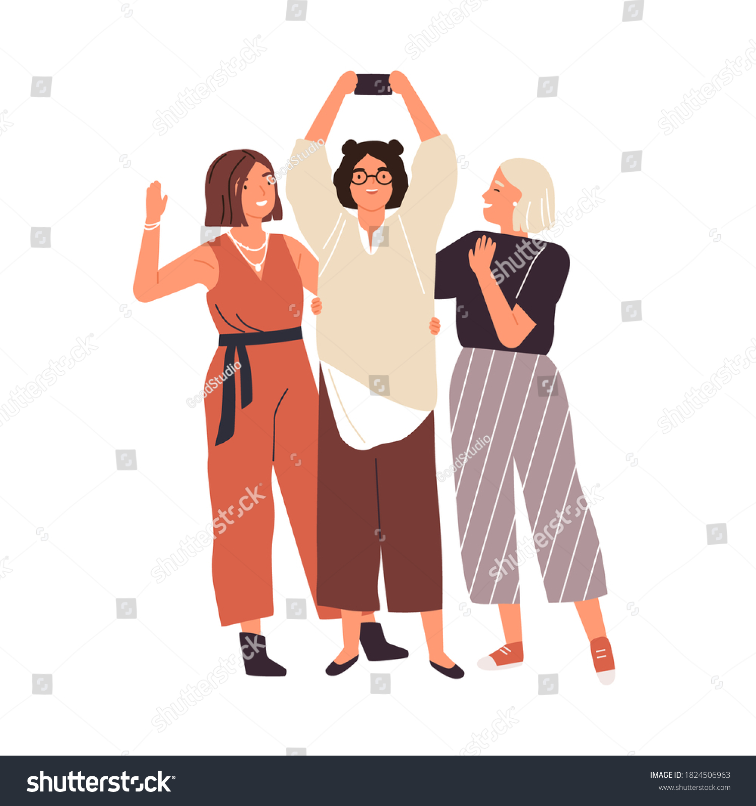 Group of happy female friends taking selfie use smartphone vector flat illustration. Smiling trendy woman photographing together having positive emotion isolated. People standing posing for photo