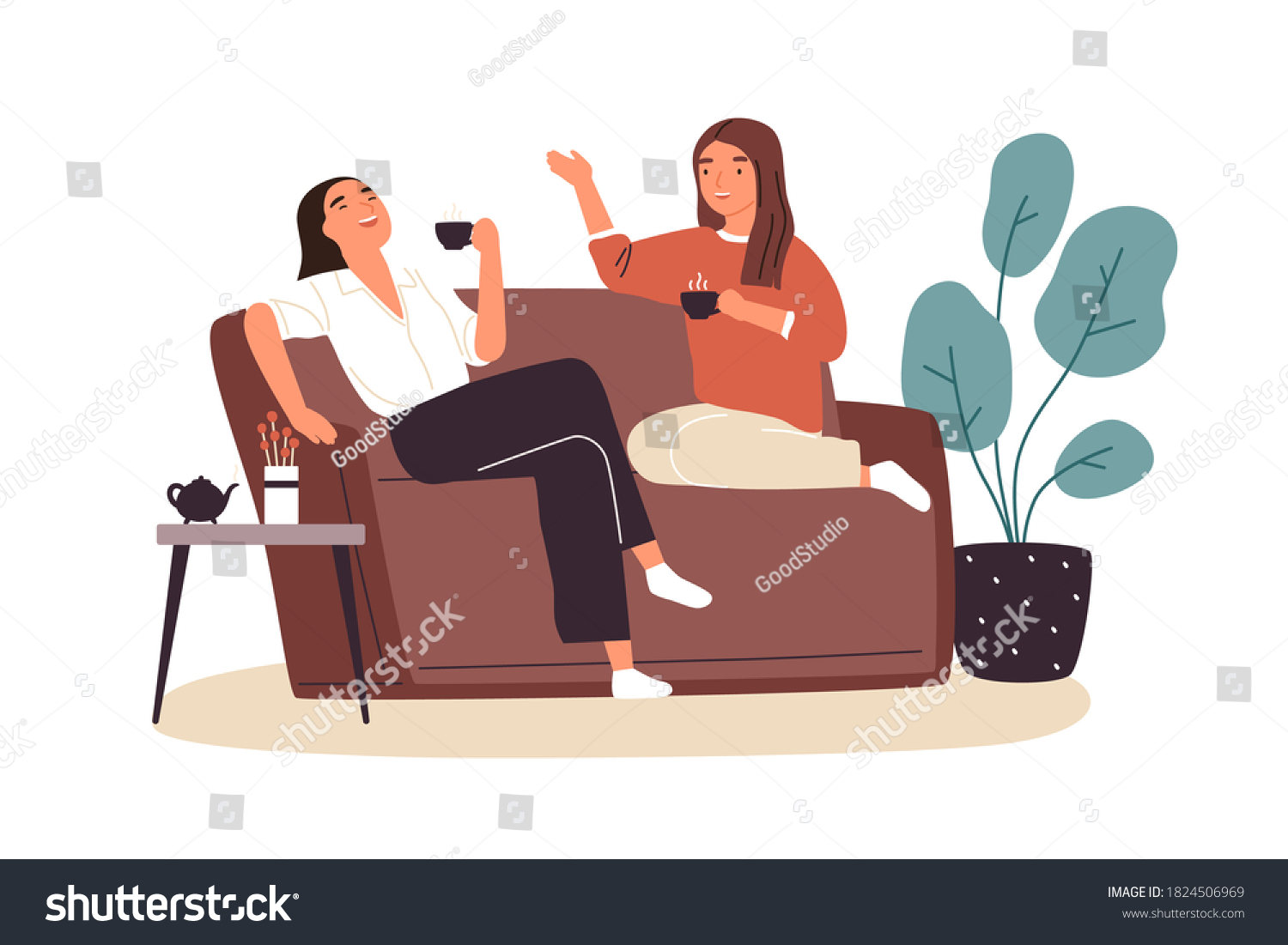 Smiling woman friends drinking tea at home vector flat illustration. Happy female laughing and gossiping sit on comfortable couch isolated. People spending time together having friendly conversation