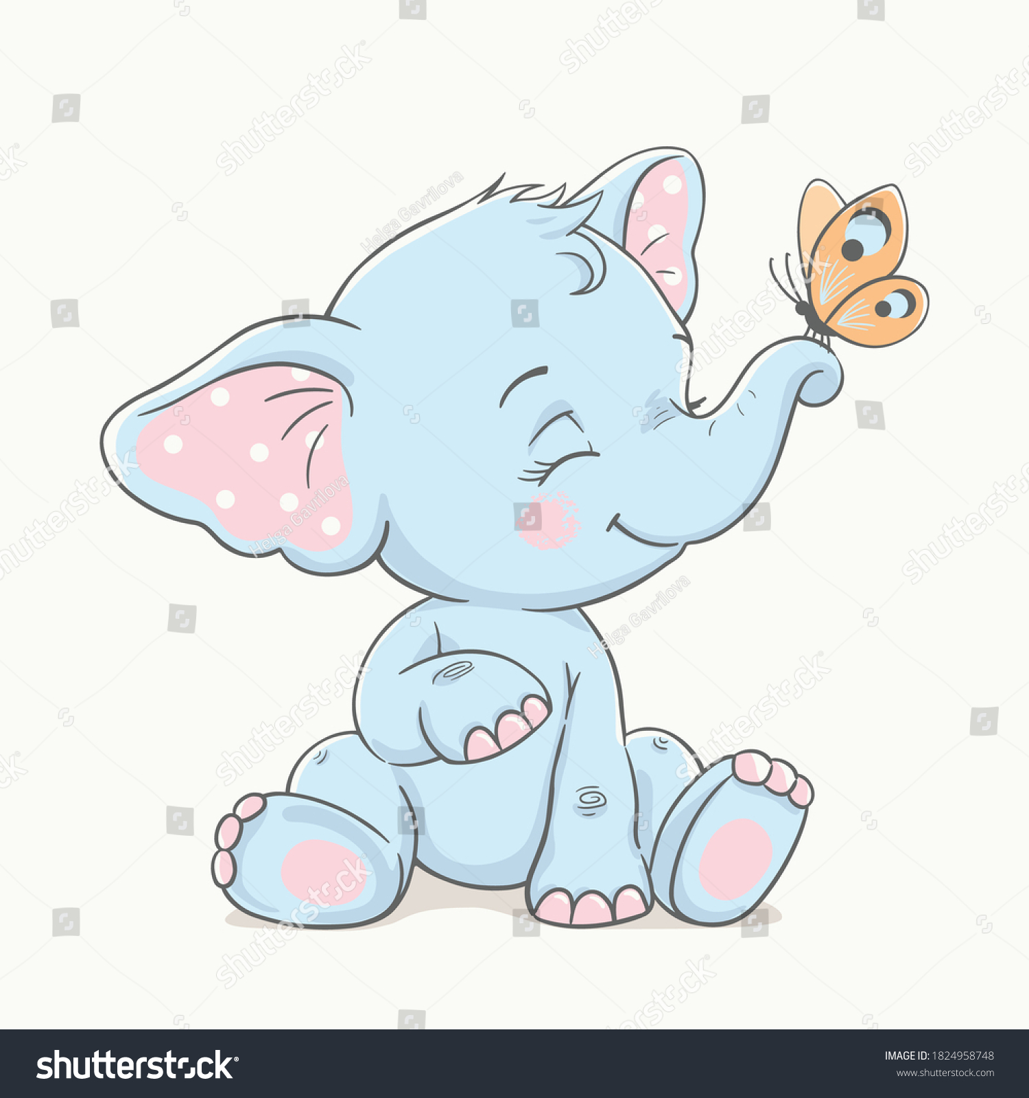 Cute baby elephant with butterfly  vector illustration.