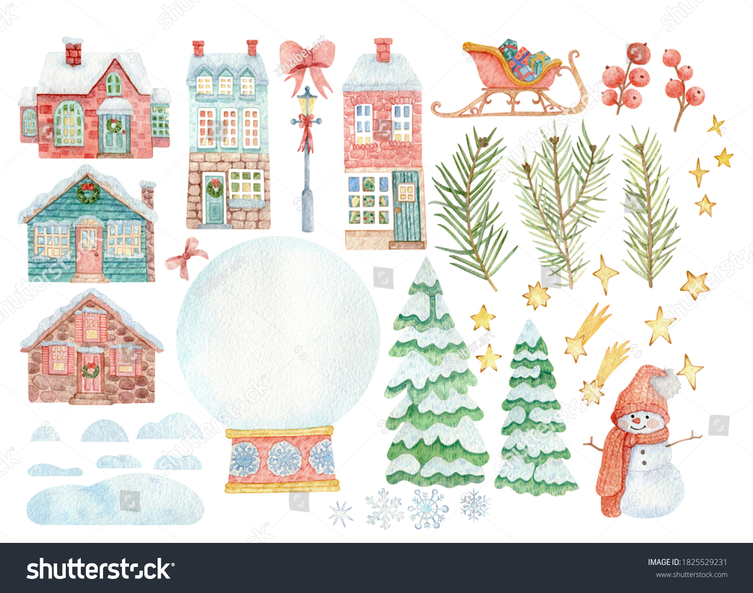 Large set of hand-drawn watercolor illustrations on the theme of Christmas. Cozy Christmas houses. Stars  snowflakes  snowman  spruce and branches  festive mood for stickers  decorations  design.