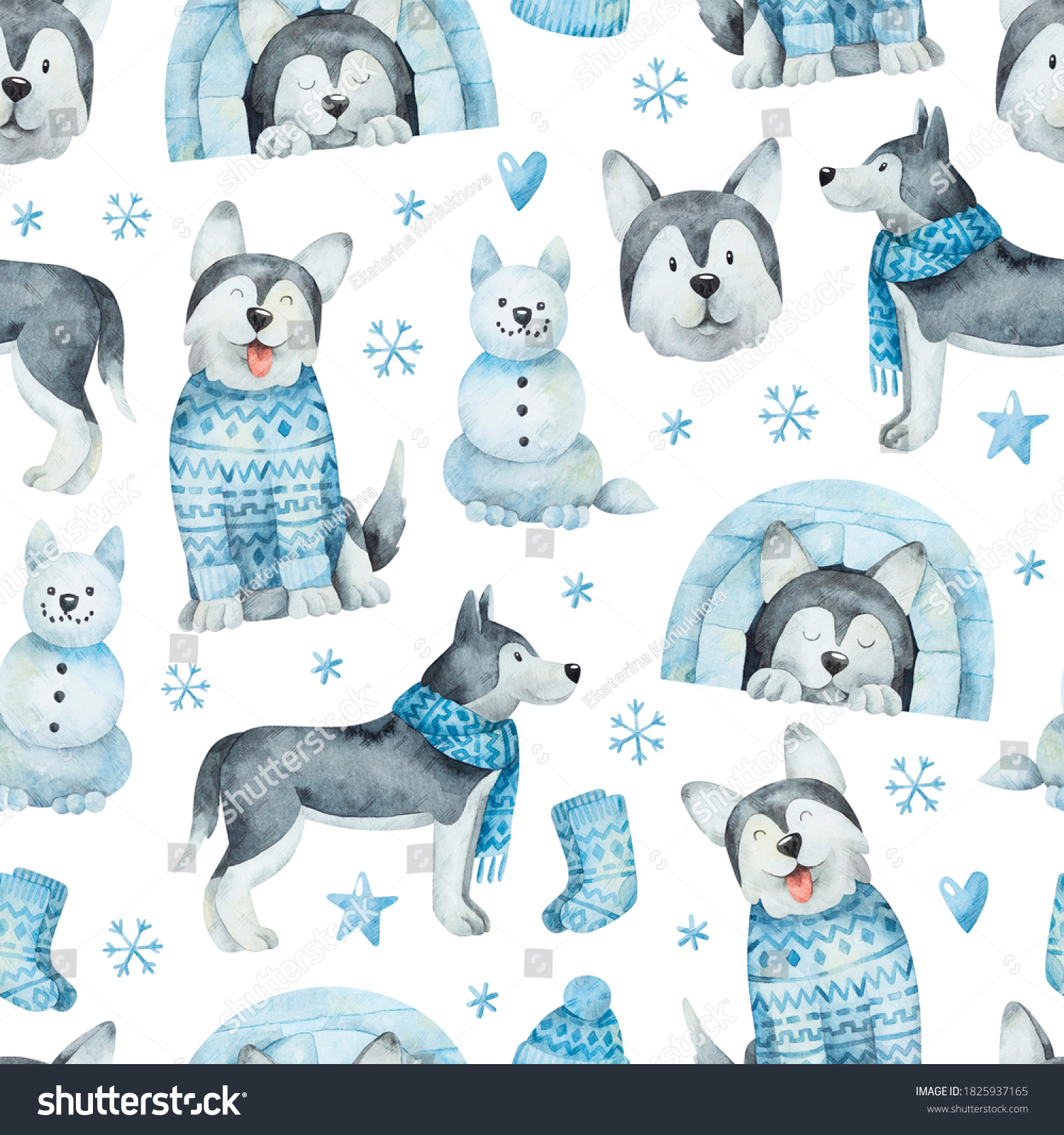 Watercolor seamless pattern with dogs huskies in winter clothes. Hand drawn texture with husky on white background