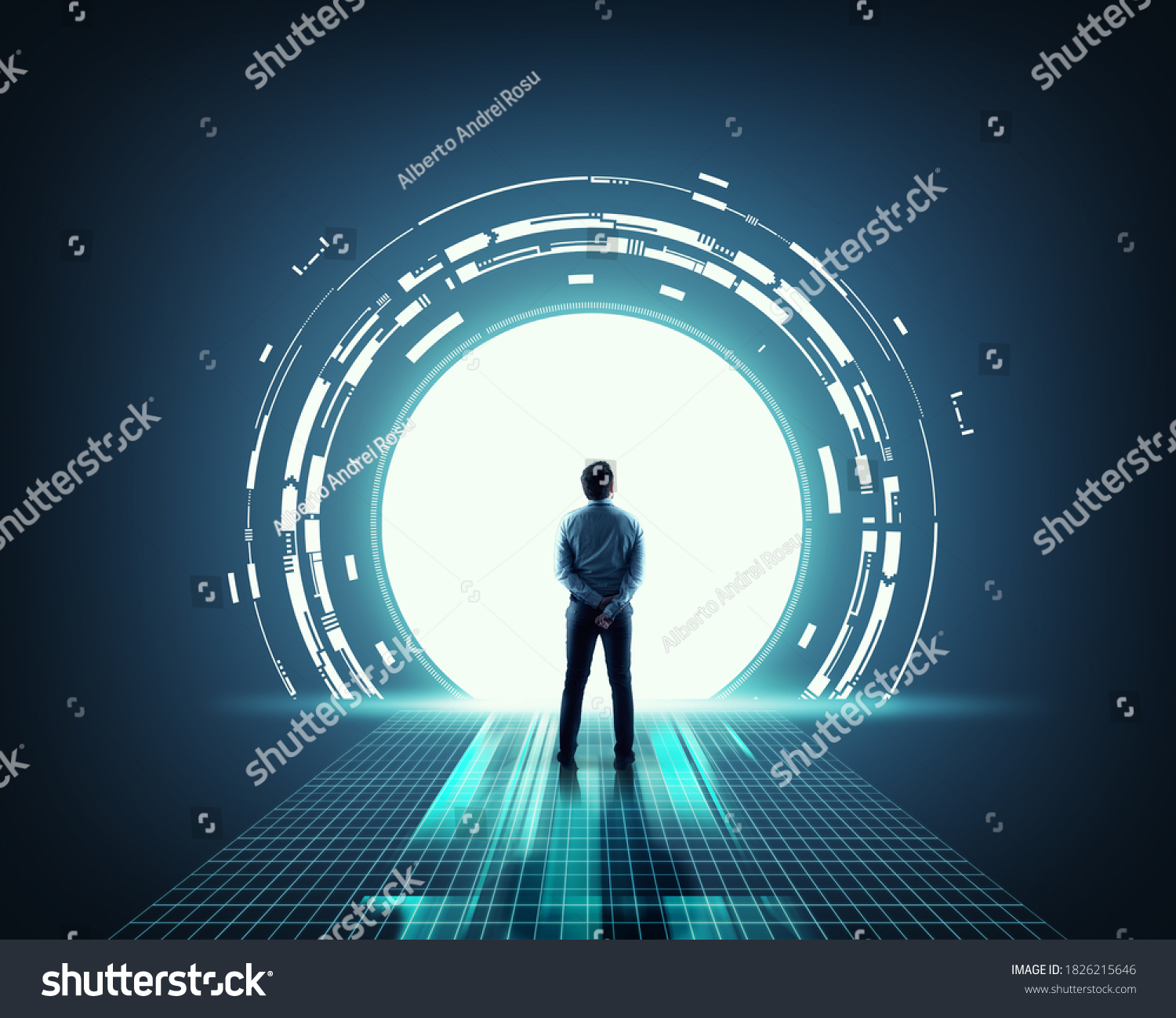 Businessman in front of a portal . Big data information server .
