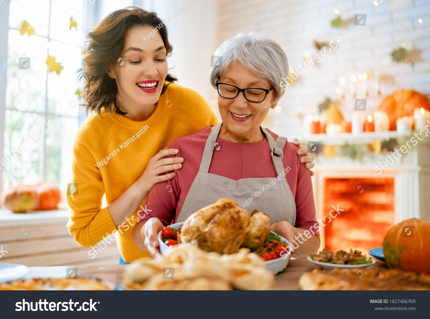 Happy Thanksgiving Day! Autumn feast. Family preparing traditional dinner.
